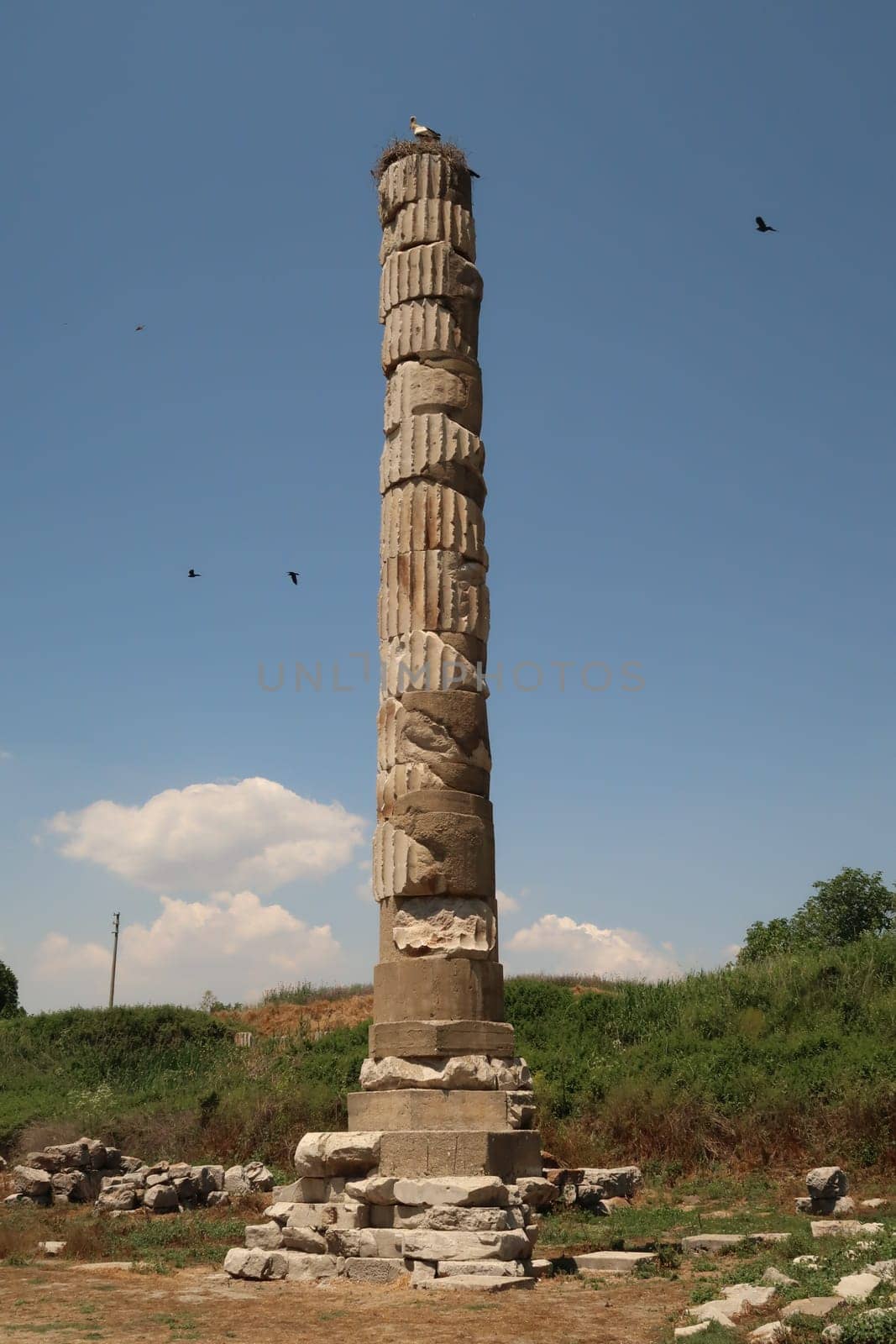 The single remaining pillar of the famous Temple of Artemis in Selcuk, near Ephesus, Turkey 2022