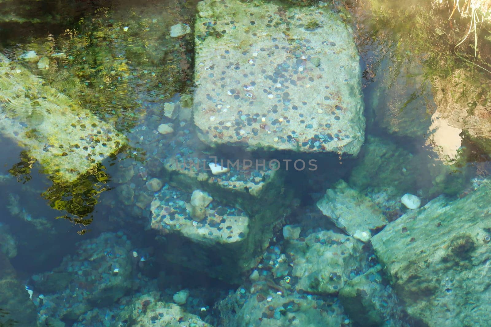 Coins gathering in one area of the famous Cleopatra Pool at Pamukkale, Denizli, Turkey 2022