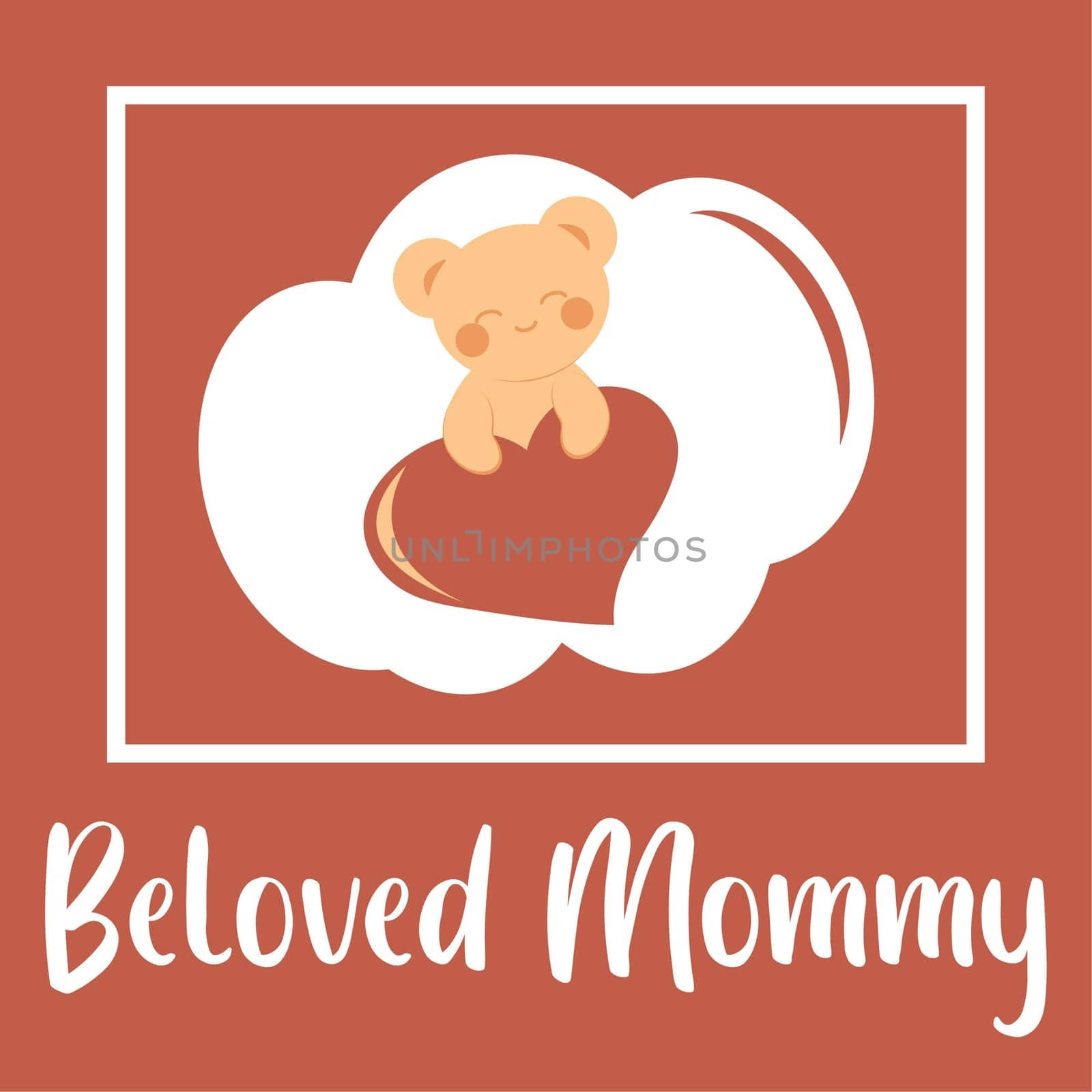 Cute teddy bear in kawaii style with a heart. Minimalistic card with the inscription beloved mom. Mother's Day concept. Vector image.