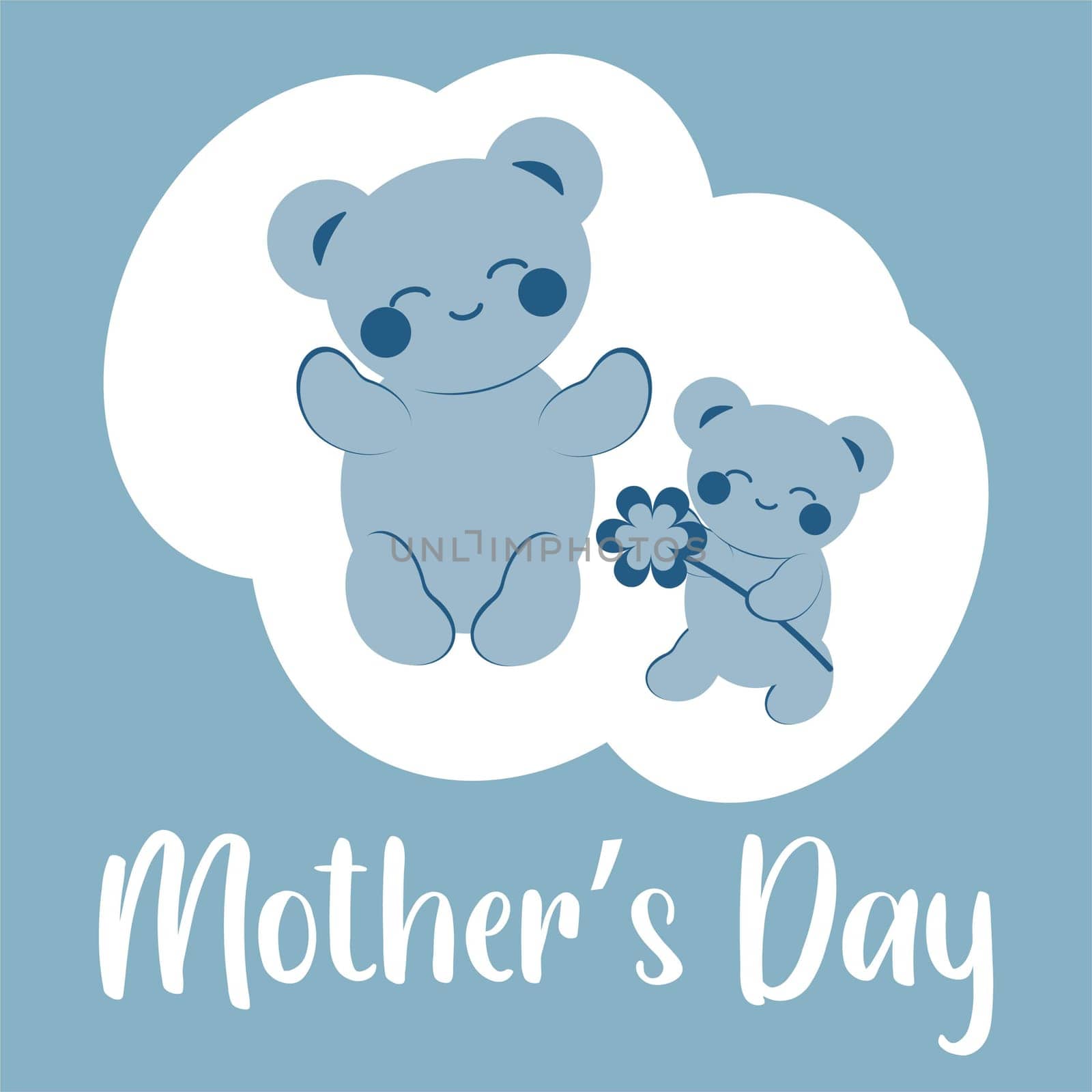 Cute blue teddy bear in kawaii style gives mom a flower. Minimalistic card with an inscription. Mother's Day concept. Vector image.