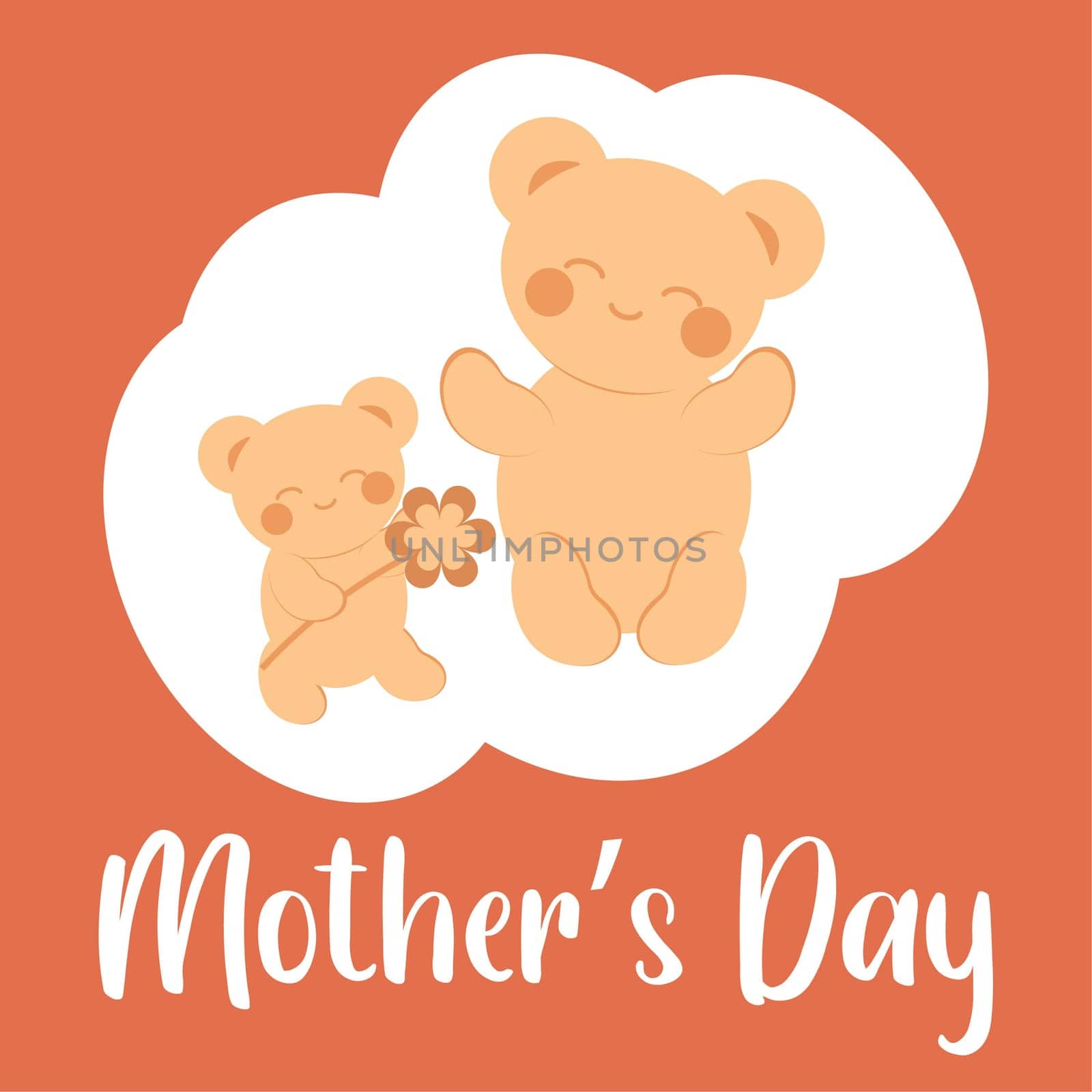 Cute teddy bear in kawaii style gives mom a flower. Minimalistic card with an inscription. Mother's Day concept. Vector image.