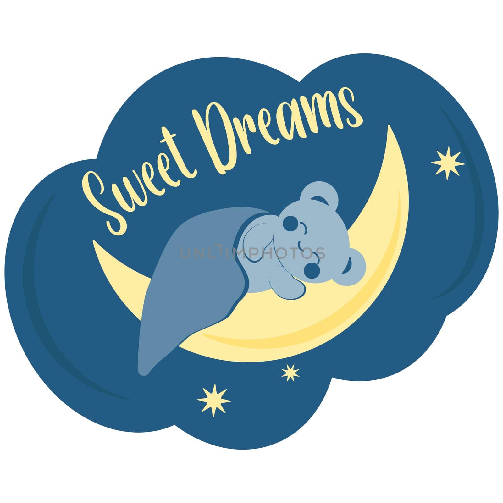 Cute blue bear in kawaii style sleeps under a blanket on the moon. Minimalist card, sticker with sweet dreams inscription. Vector image.