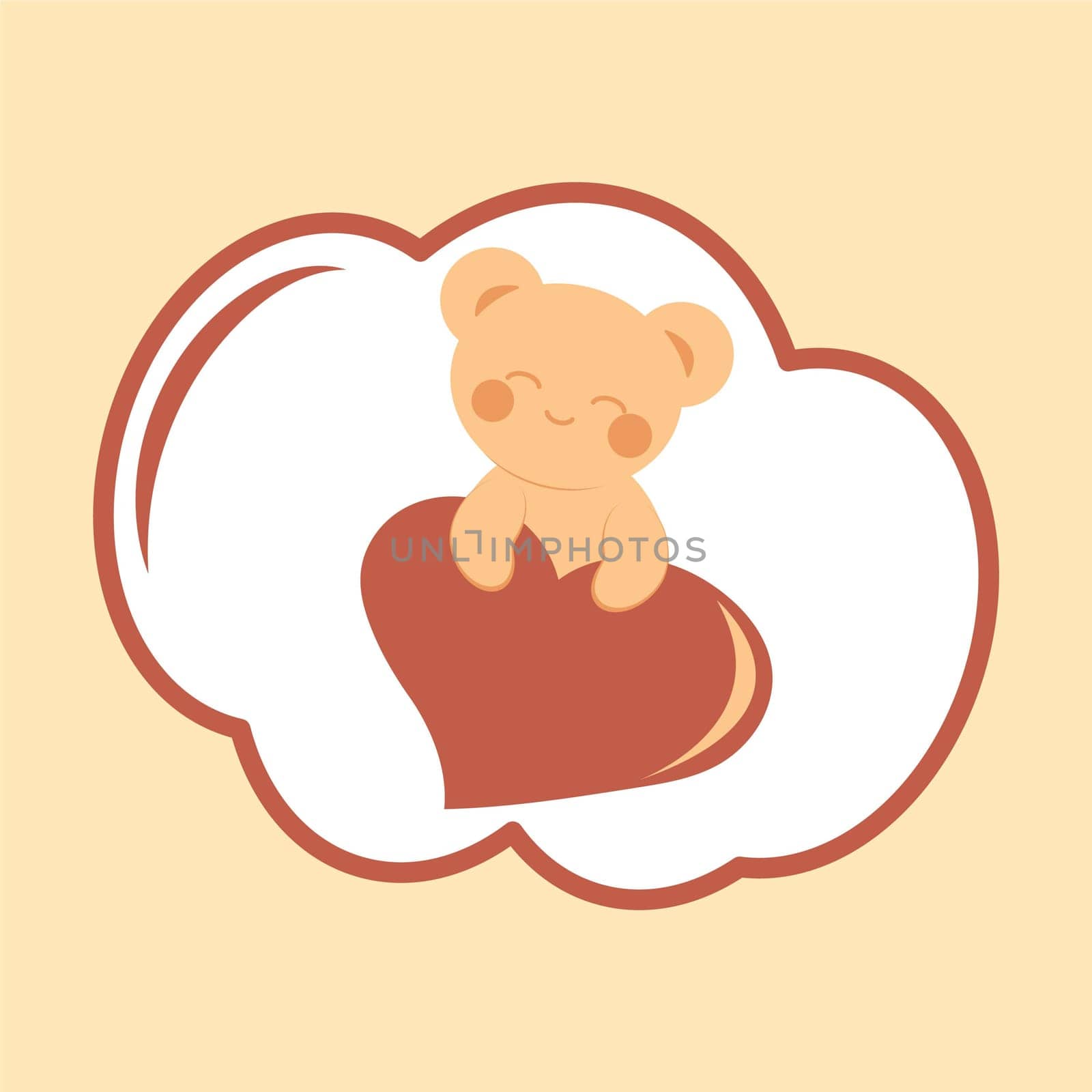 Cute teddy bear in kawaii style holding a heart. Minimalistic postcard. Sticker. Concept of love, family, Mother's Day. Vector image.