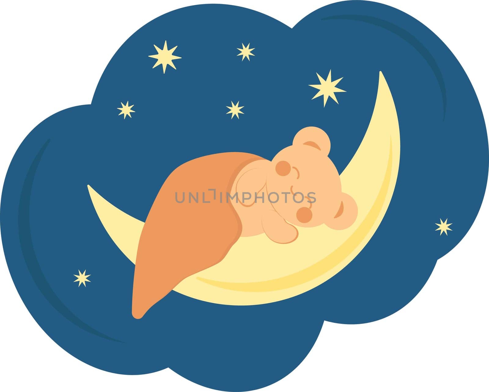 Cute little bear in kawaii style sleeps under a blanket on the moon on a blue background. Minimalistic universal card. Vector image.