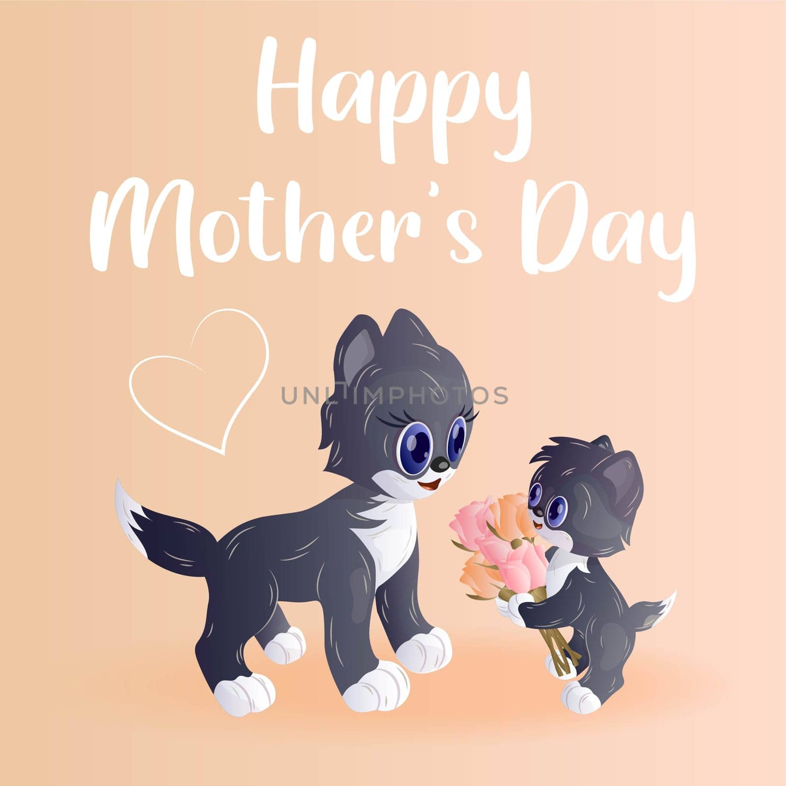 Cute cartoon kitten gives kisses to his mother cat. Postcard. Mother's day concept. Vector image.