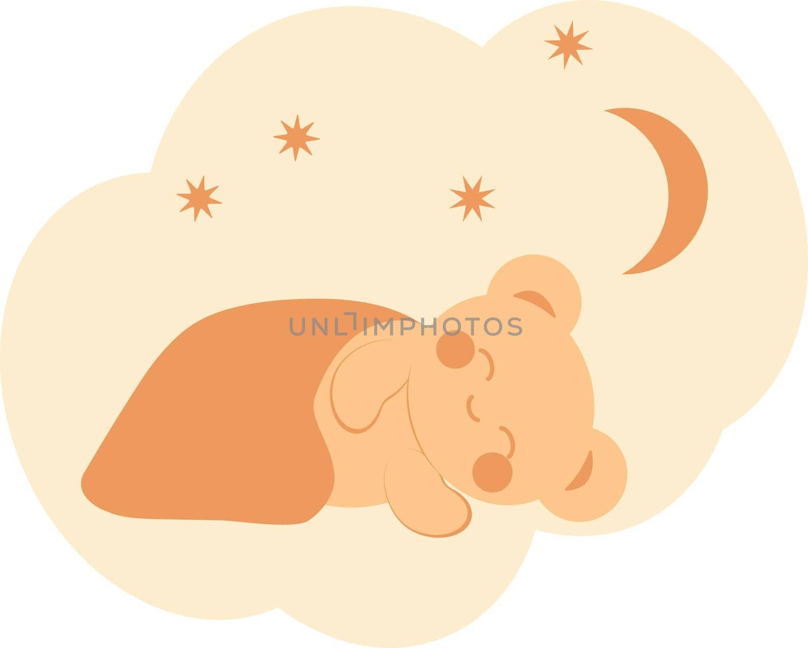 Cute little bear in kawaii style sleeps under a blanket against the background of stars and the moon. Minimalistic universal card. Vector image.