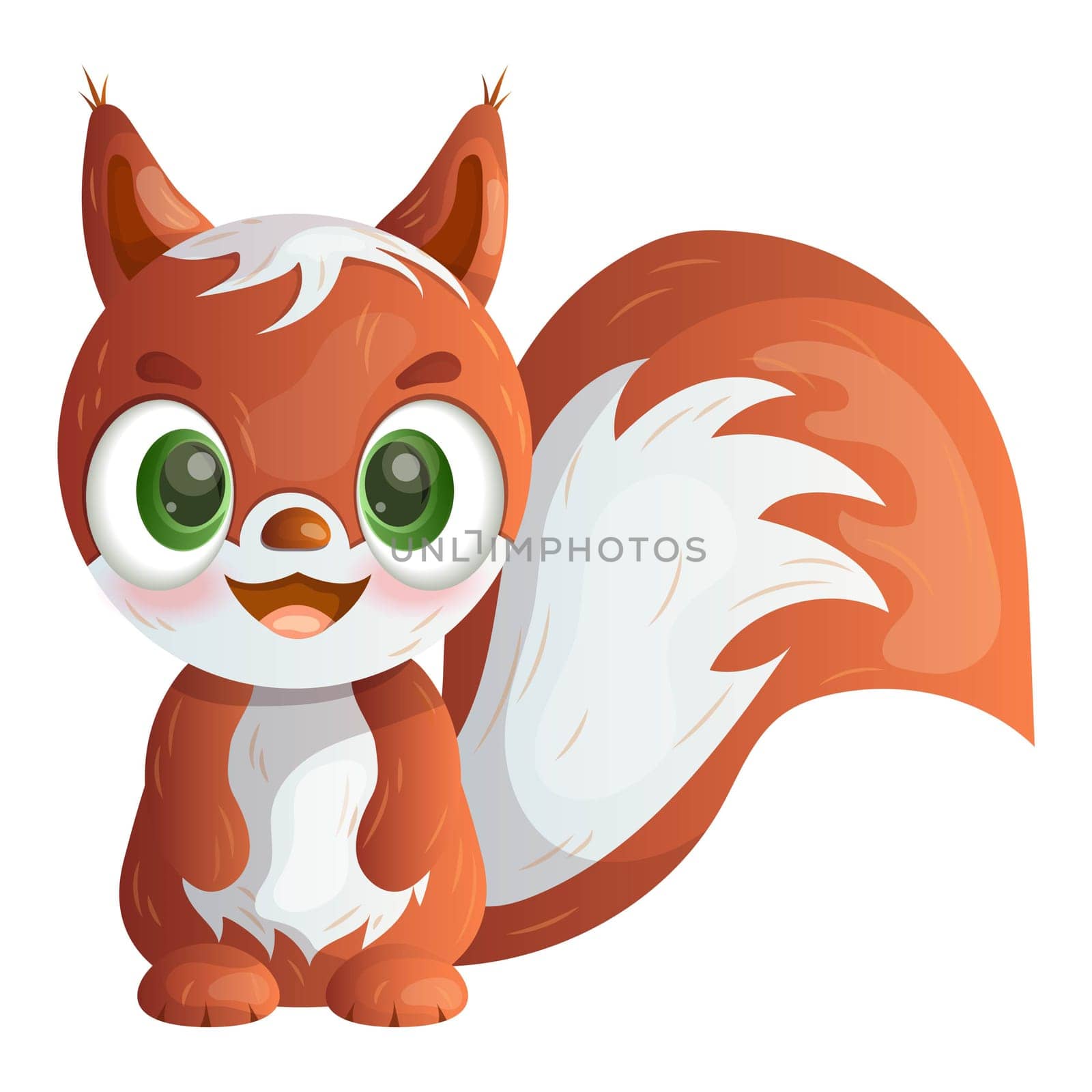 Cute cartoon little squirrel with big green eyes on a white background. Sticker, postcard. Vector image.