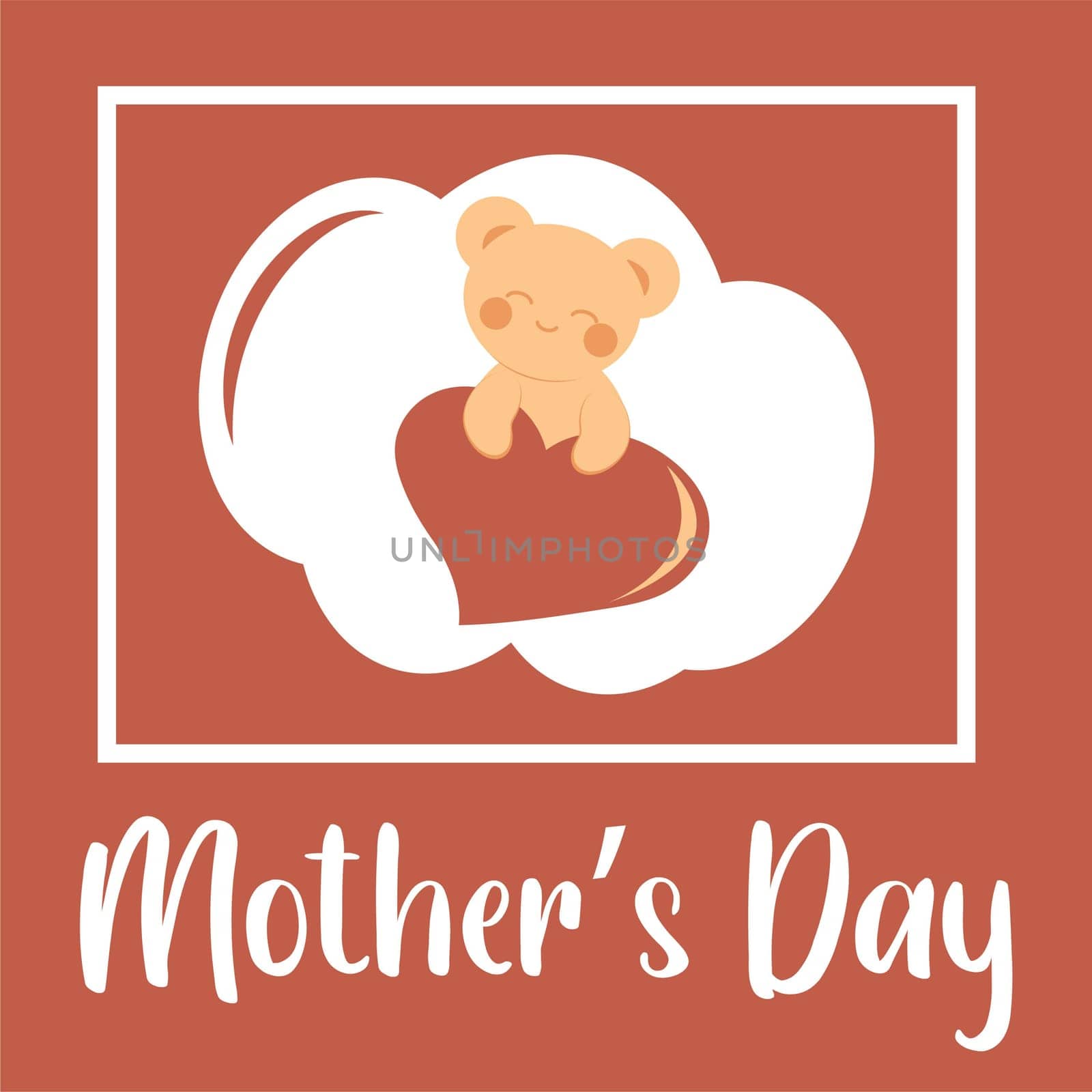 Cute teddy bear in kawaii style holding a heart. Minimalistic card with frame and inscription. Sticker. Concept of love, family, Mother's Day. Vector image.