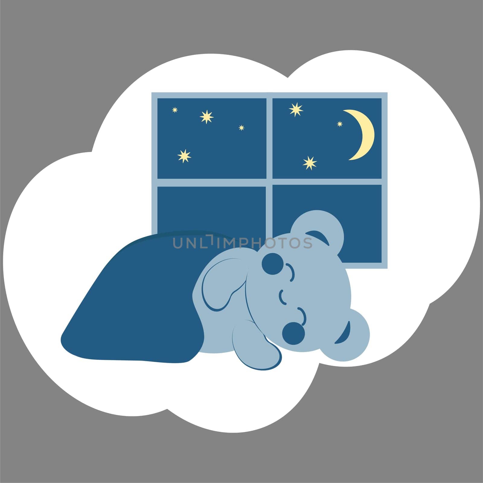 Cute blue teddy bear in kawaii style sleeps under a blanket. In the background is a window with the night sky, moon and stars. Minimalistic universal card. Vector image.