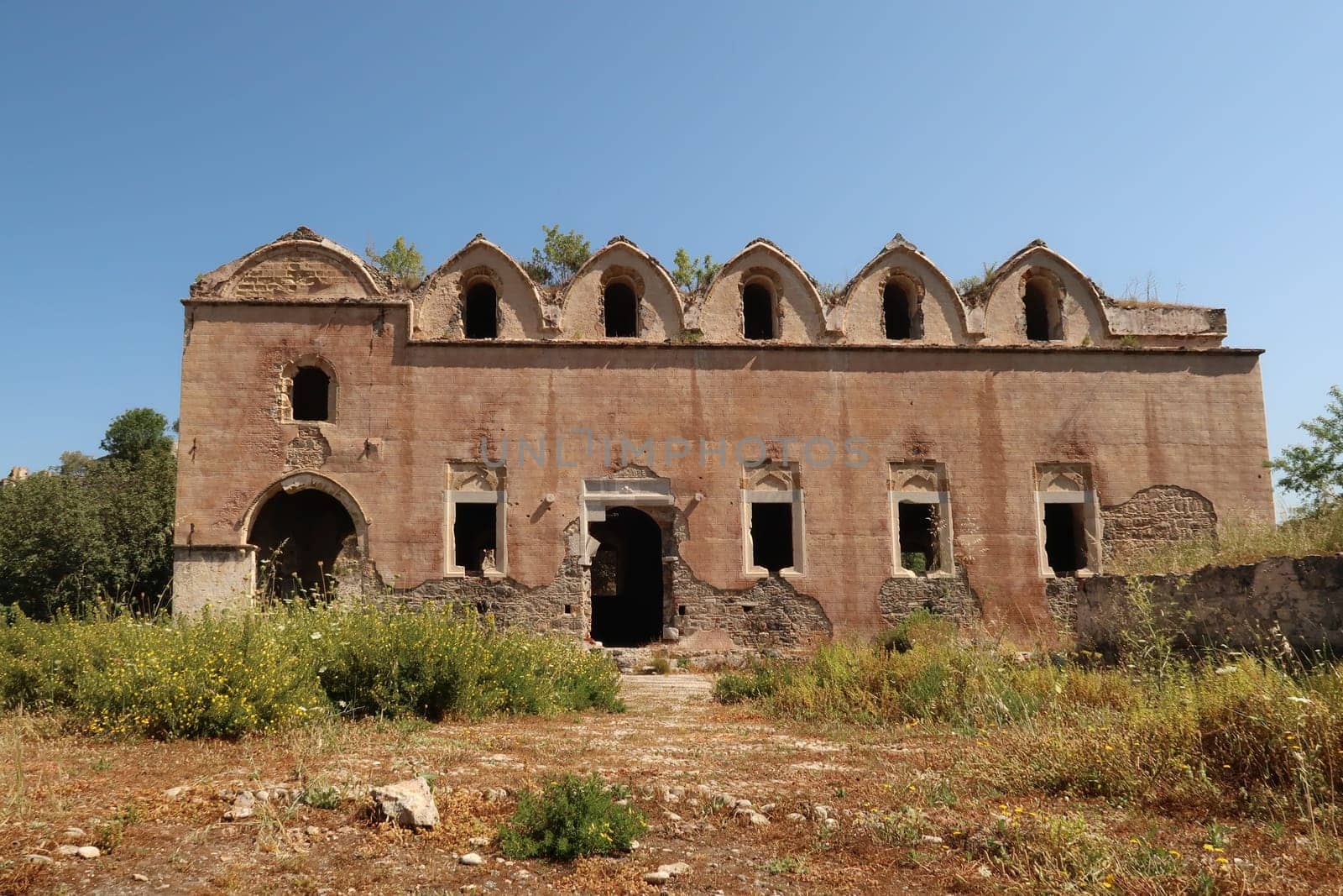 Ruins of the High Church, Upper Church in the abandoned town of Kayaköy, close to Fethiye, Turkey 2022
