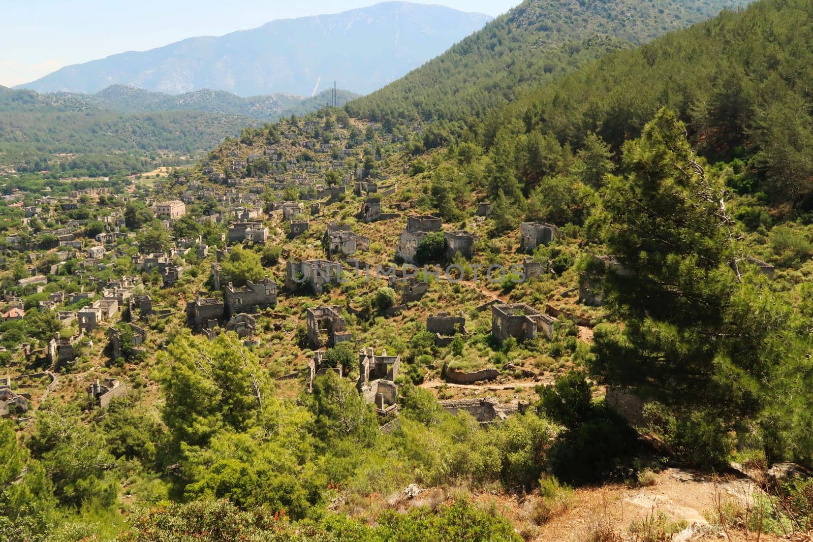 View from above on the abandoned village of Kayaköy, Livissi, close to Fethiye, Turkey 2022