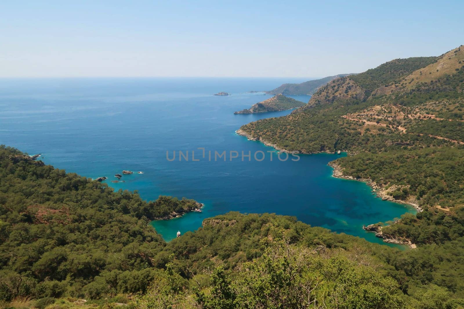 View onto Kalevezi Koyu Bay and Mersinli Koyu Bay, near Kayaköy, Fethiye, Turkey 2022