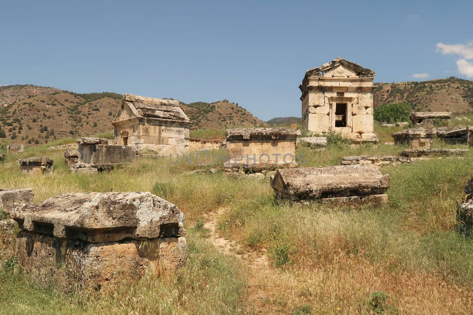 Group of tombs and sarcophagus sarcophagi at the northern Necropolis of the ancient site of Hierapolis, Pamukkale, Denizli, Turkey 2022