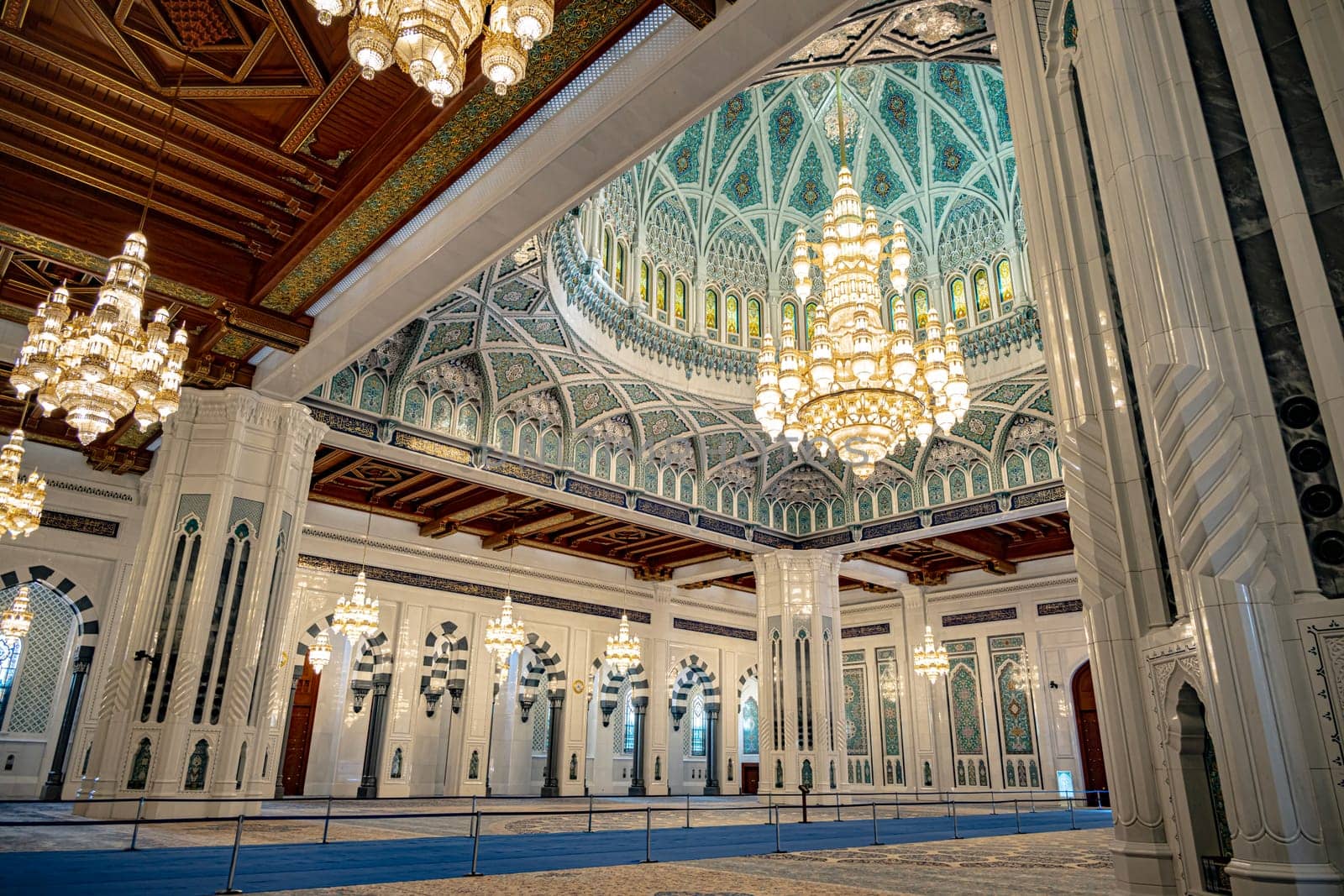 MUSCAT, OMAN - MAR 20, 2024: Interior of Sultan Qaboos Grand Mosque in Muscat, Oman