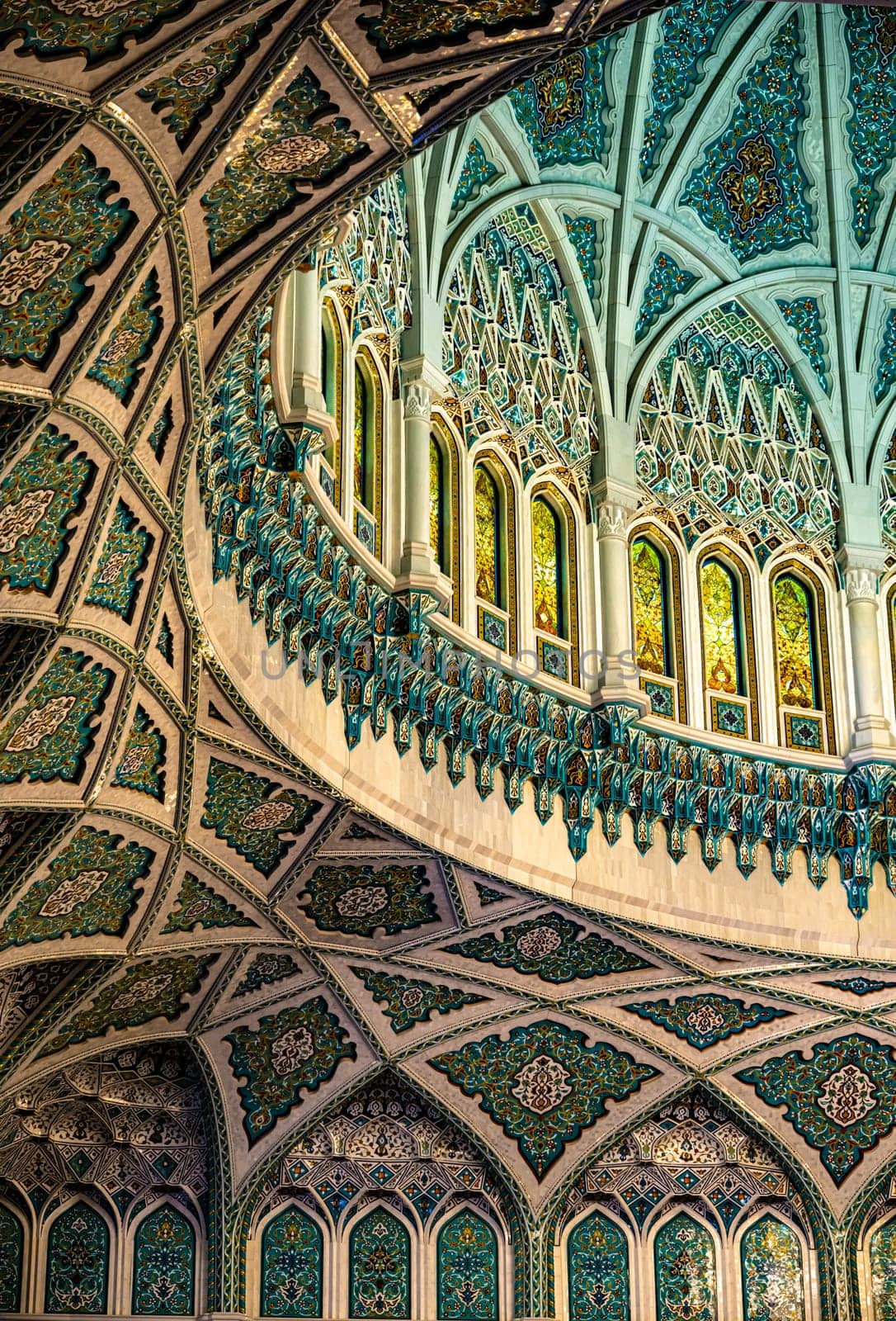 MUSCAT, OMAN - MAR 20, 2024: Interior of Sultan Qaboos Grand Mosque in Muscat, Oman