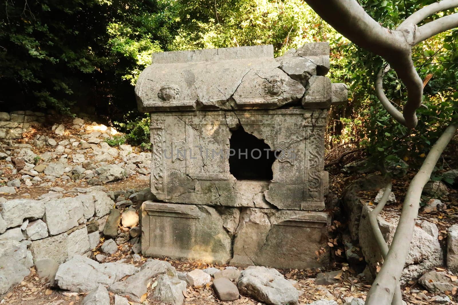 The partly broken Sarcophagus of Antimachos at the ancient site of Olympos, Olympus, close to Antalya, Turkey 2022