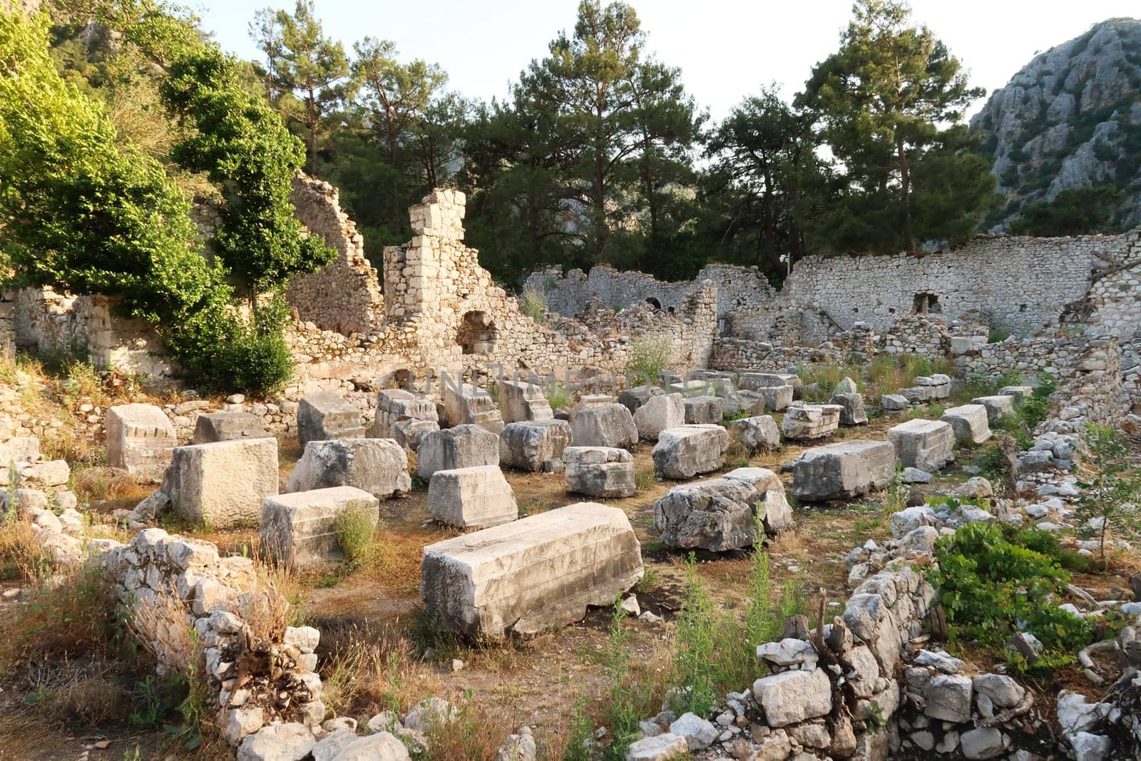 The remaining interior of the Ionic Temple at the ancient site of Olympos, Olympus, built in the name of the Roman Emperor Marcus Aurelius, close to Antalya, Turkey 2022