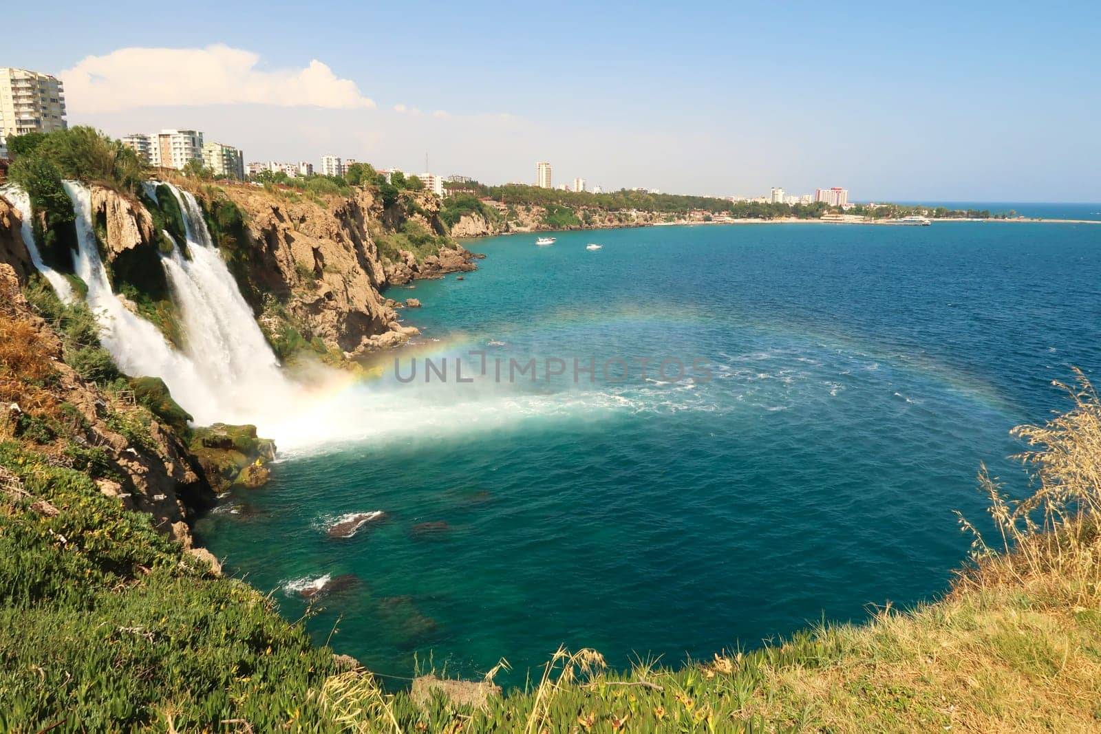 The Lower Düden Waterfalls in Antalya with a rainbow right next to them, Antalya, Turkey 2022