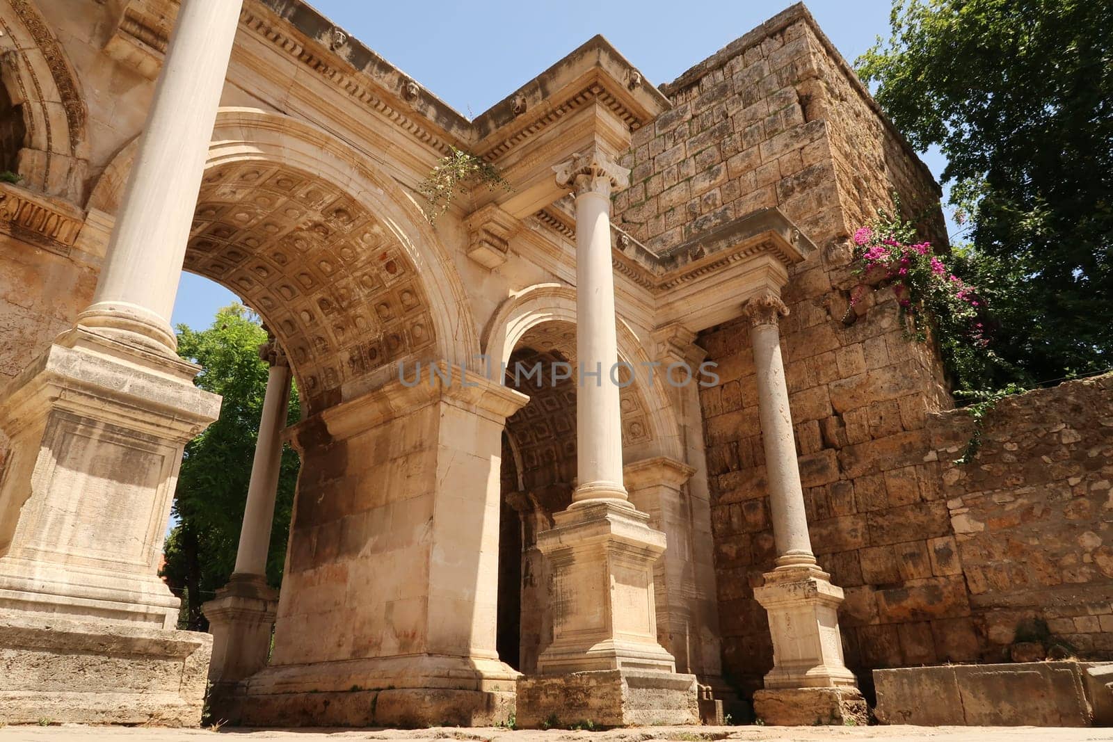 The majestic Hadrians Gate, famous ancient roman landmark in Antalya, Turkey 2022