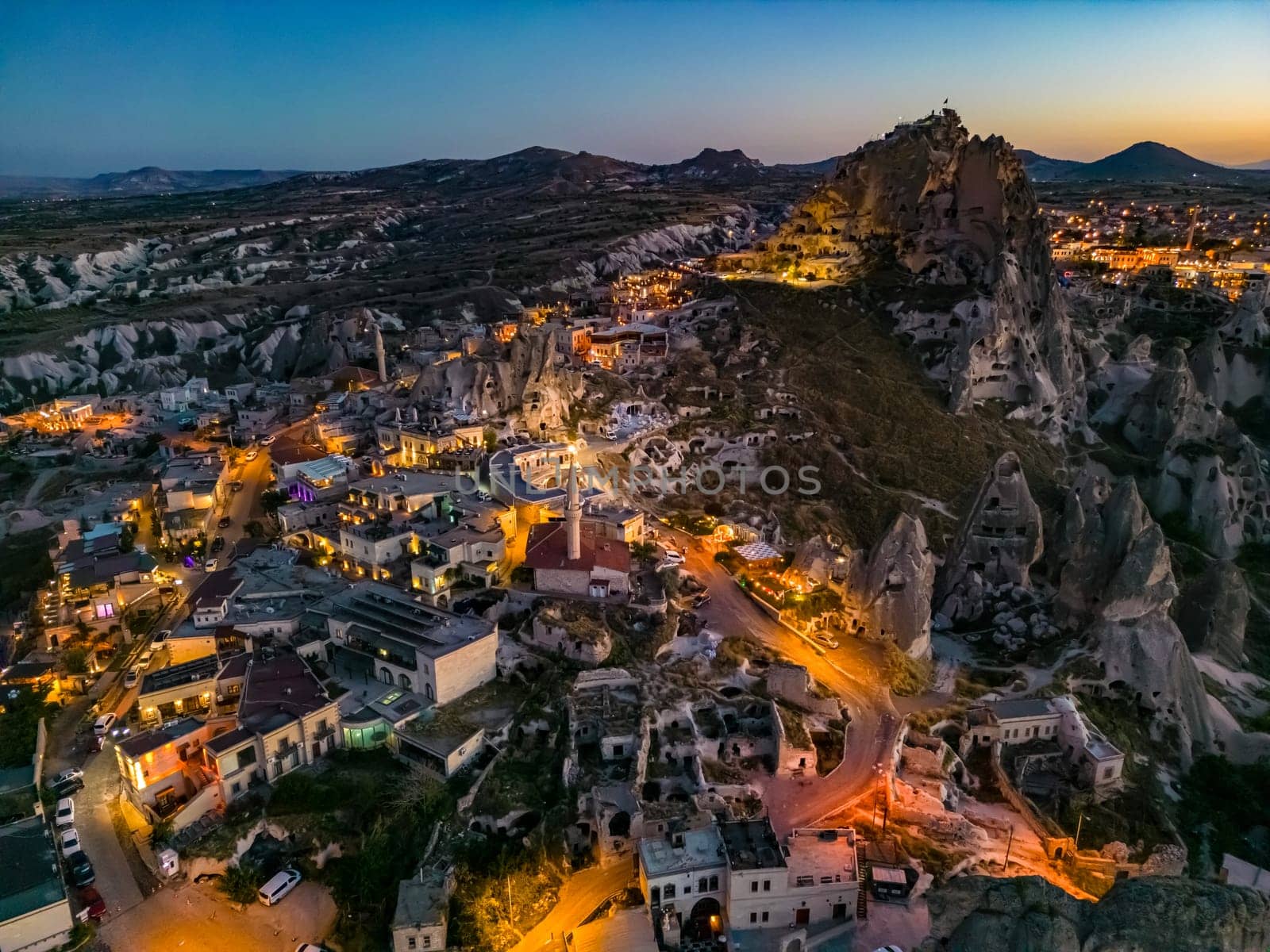 View of Uchisar Castle in Nevsehir Province in Cappadocia, Turkey after sunset