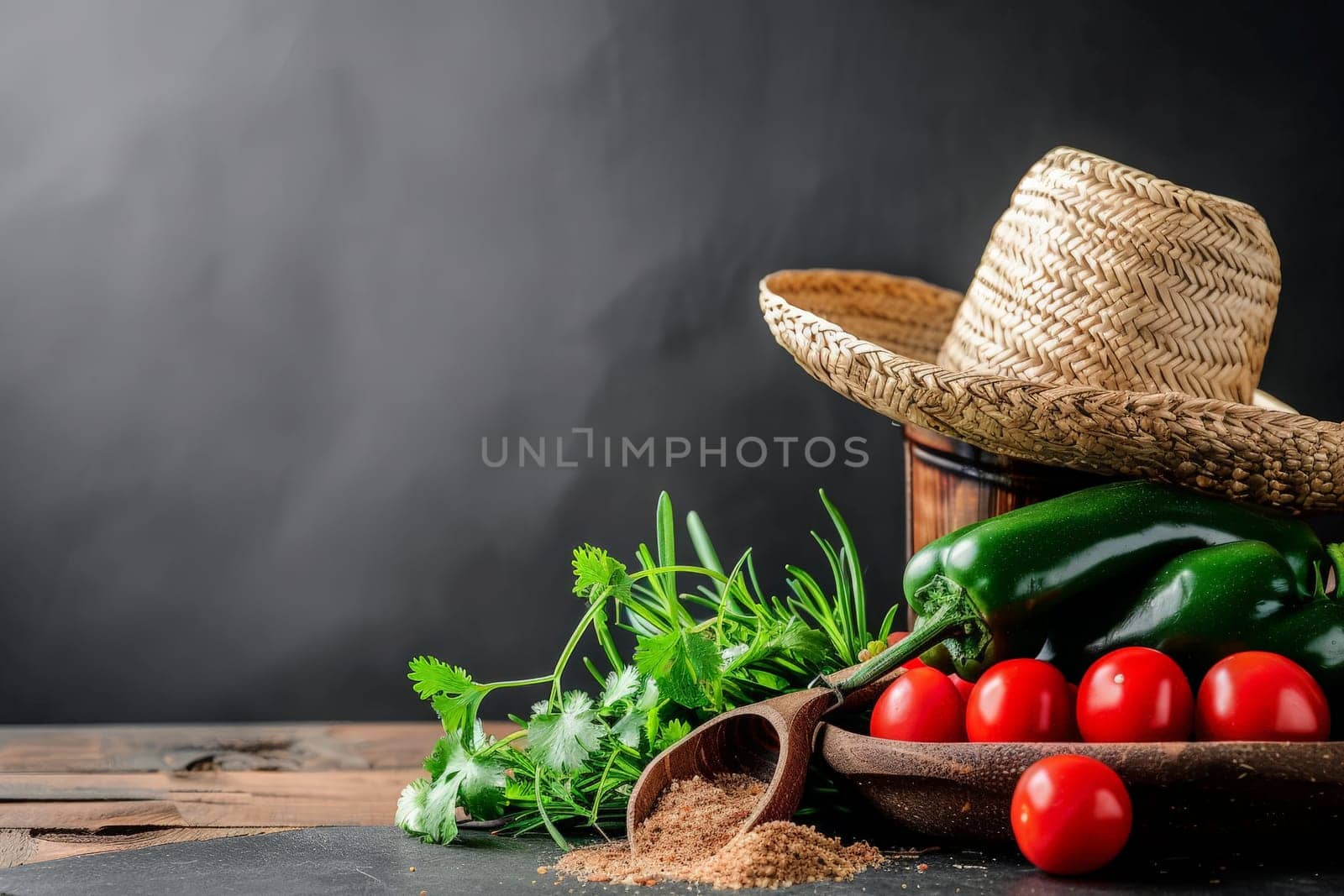 A sombrero rests beside fresh cilantro, jalape?os, and tomatoes, evoking festive Cinco de Mayo flavors.
