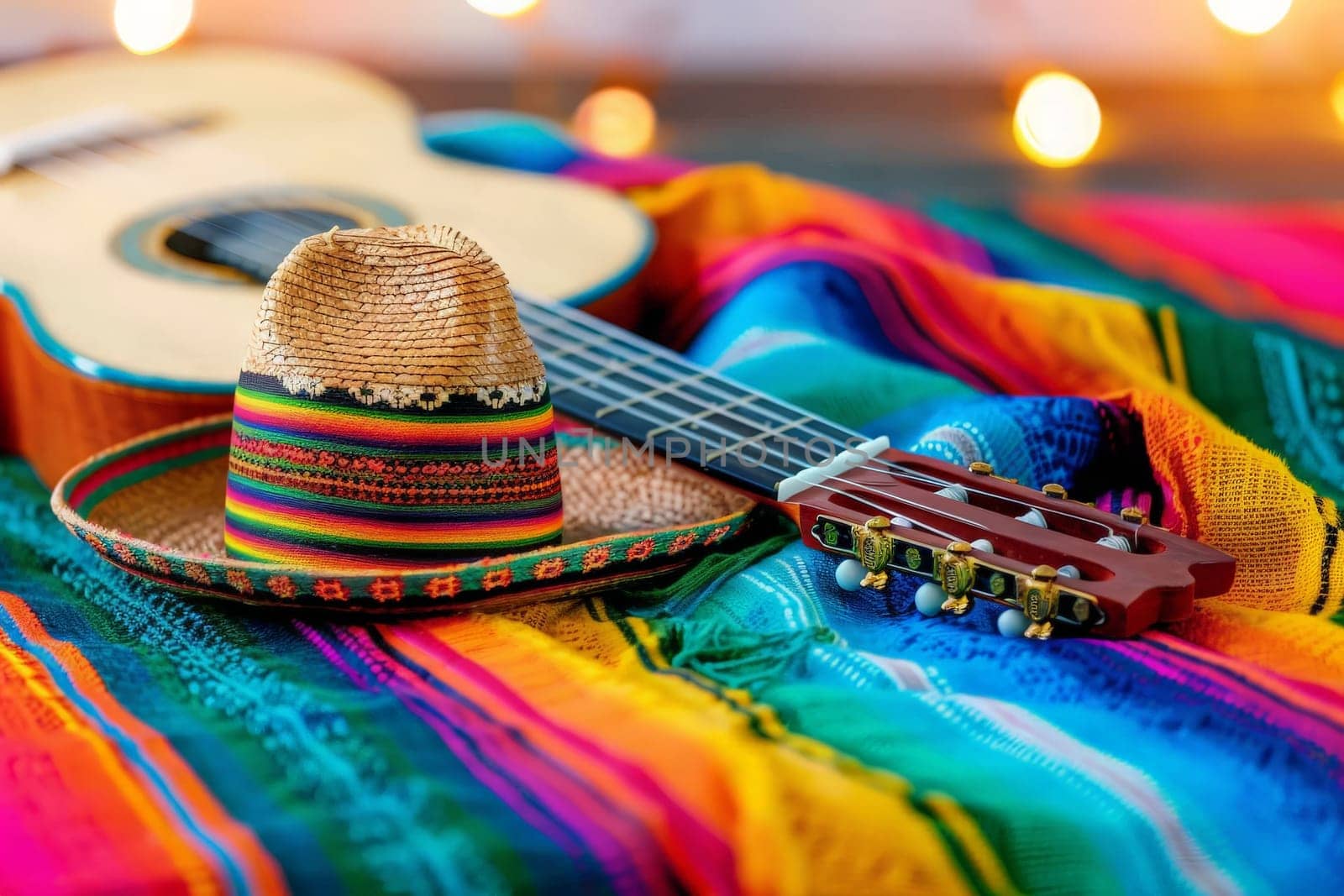 A sombrero and guitar rest on a bright serape, festivity in the air, symbolizing Cinco De Mayo.
