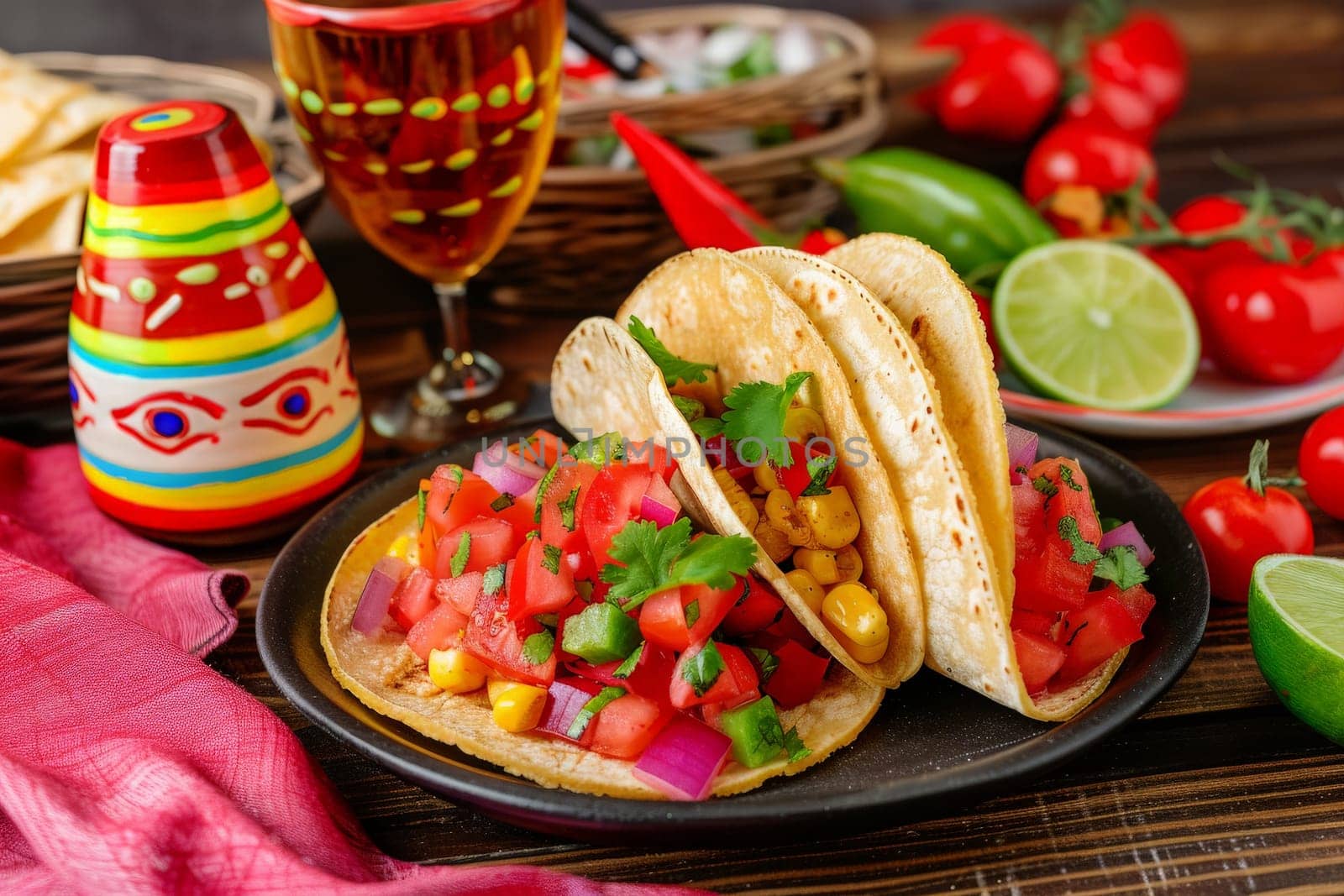 Colorful tacos line a plate, surrounded by Cinco de Mayo decorations and a festive atmosphere.