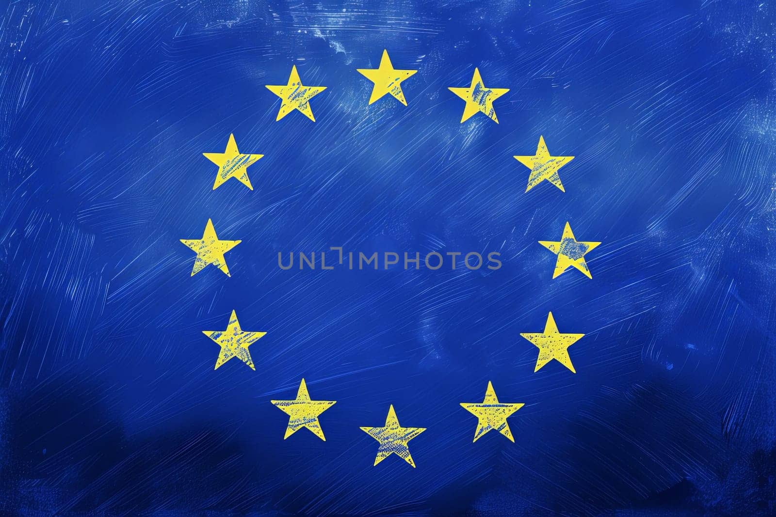 A vibrant painting capturing the iconic blue flag with a circle of gold stars, representing unity and solidarity among European nations.
