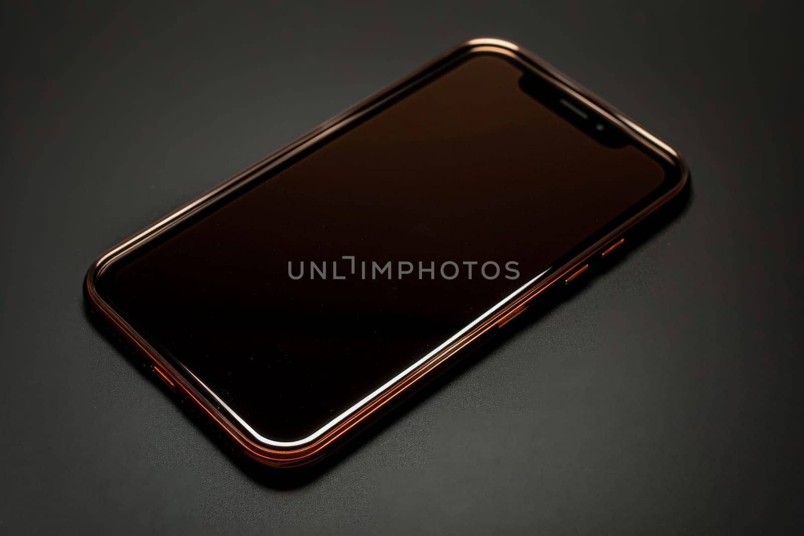 A sleek smartphone lies on a shadowy backdrop, its screen reflecting a subtle gleam.