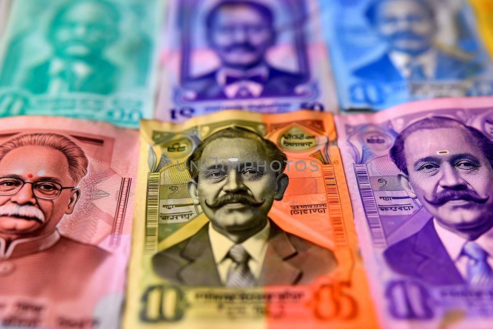 A man stands in the center surrounded by a pile of Indian currency notes, representing wealth and prosperity.