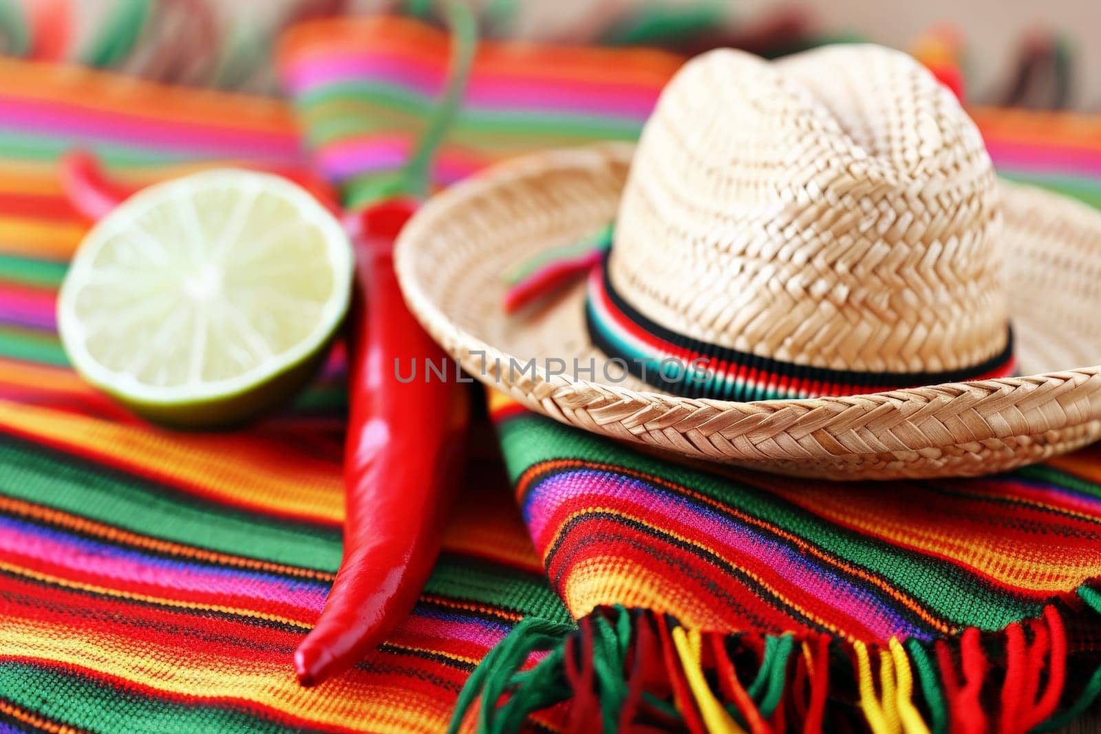 A Mexican sombrero rests on a colorful serape with a lime and chili pepper, invoking festive Cinco de Mayo vibes.