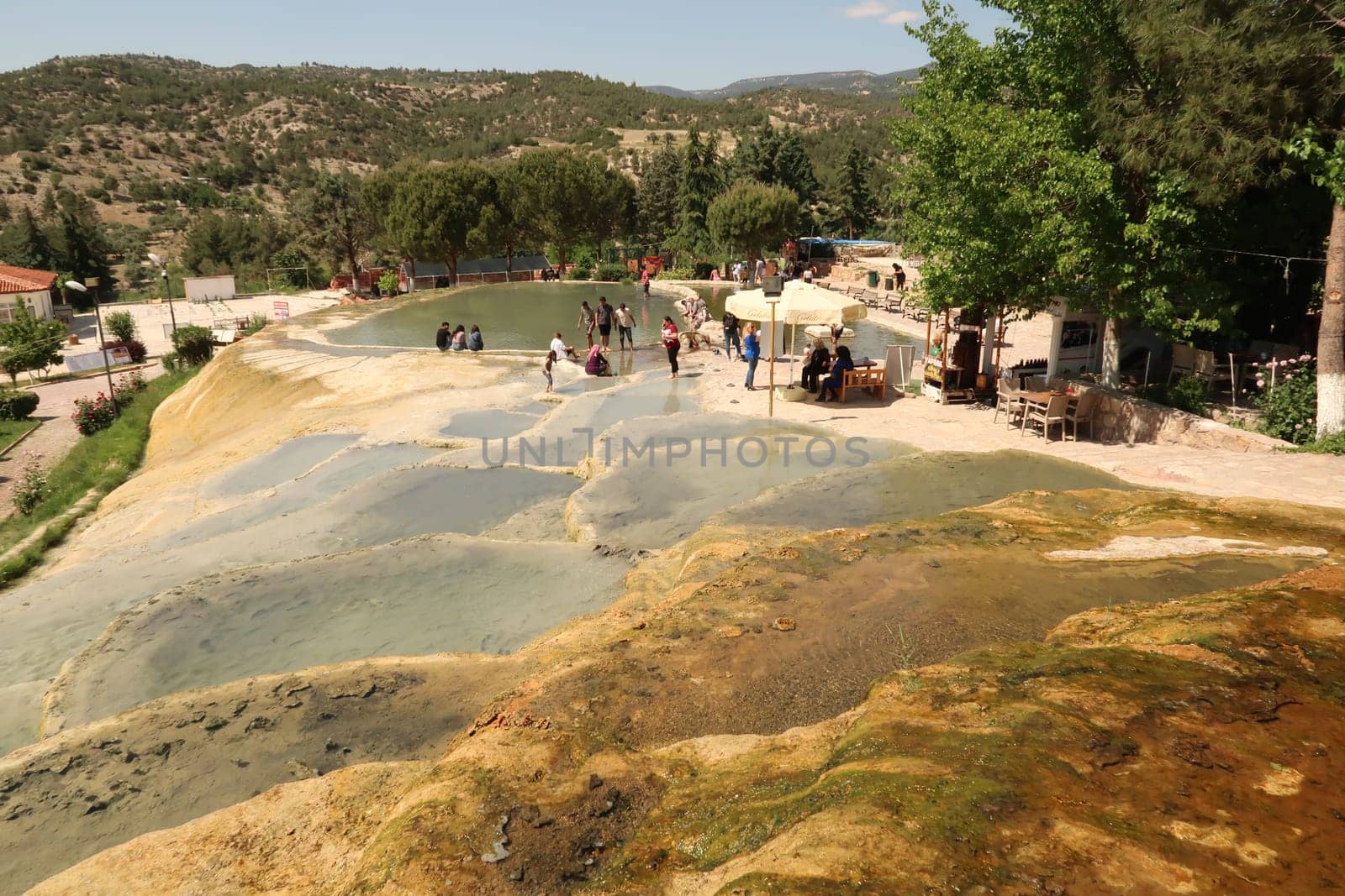 The Karahayit red springs, natural hot springs near the Pamukkale, Hierapolis, Denizli, Turkey, 20th of May 2022