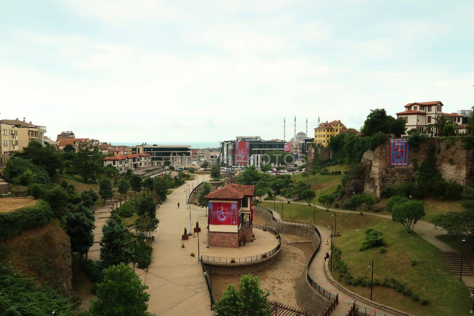 View from the Zagnos Pasha Bridge, Zagnos Pasa Köprüsü onto the Zagnos Valley Park, Zagnos Vadisi Parki, the sea is visible in the background, Trabzon, Turkey, 21st of June 2022
