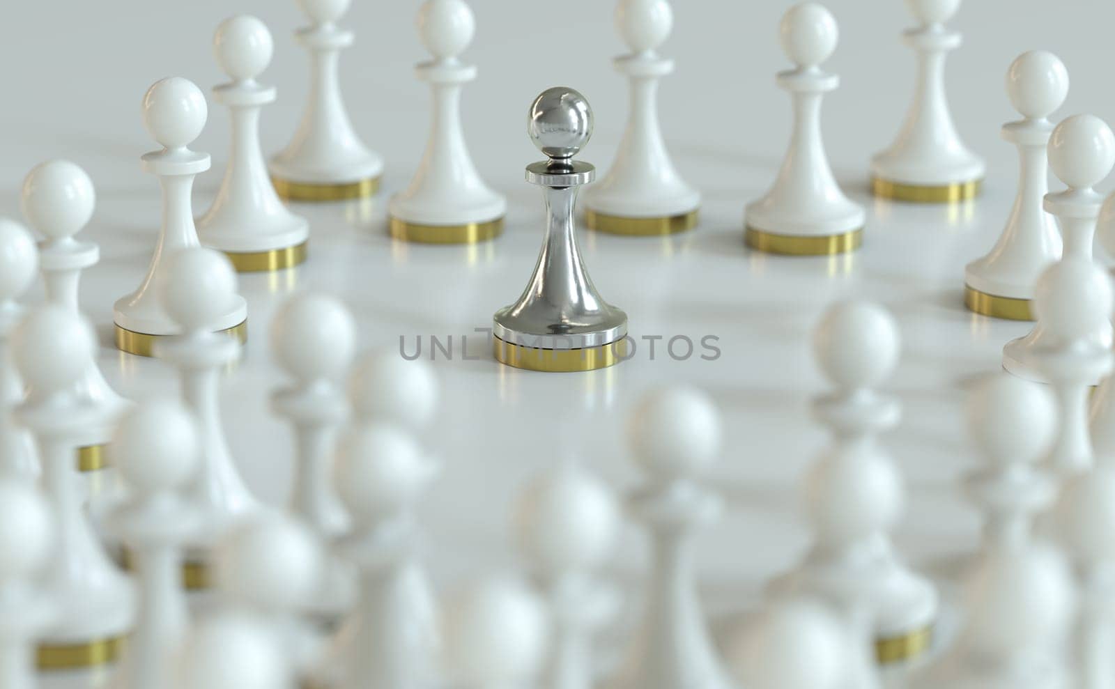 3d illustration of many white pawns plus a metallic one in the middle. Concept of becoming a better or different person with self-improvement.