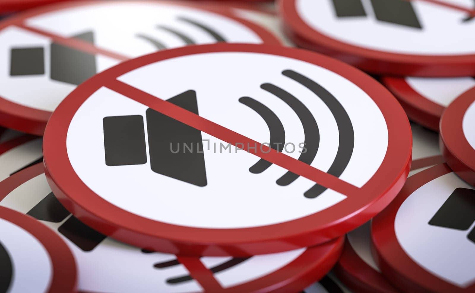Noise pollution and regulation concept. Circular signs with crossed-out sound symblol. 3D illustration