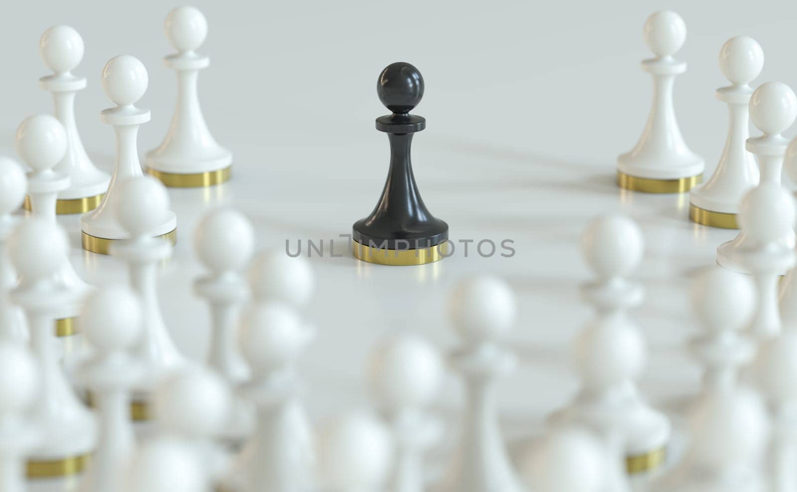 3d illustration of a black pawn surrounded by white ones. Concept of racial segregation or discrimination.