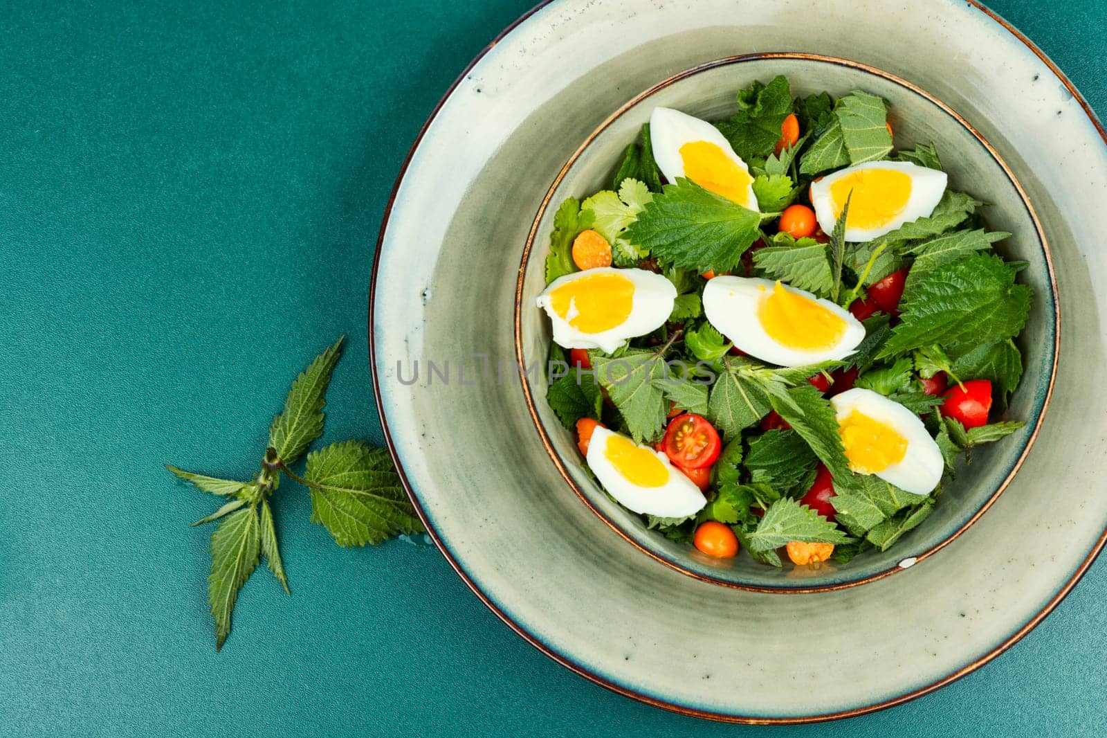 Bowl with healthy salad of nettle leaves, eggs and tomatoes on rustic wooden table.