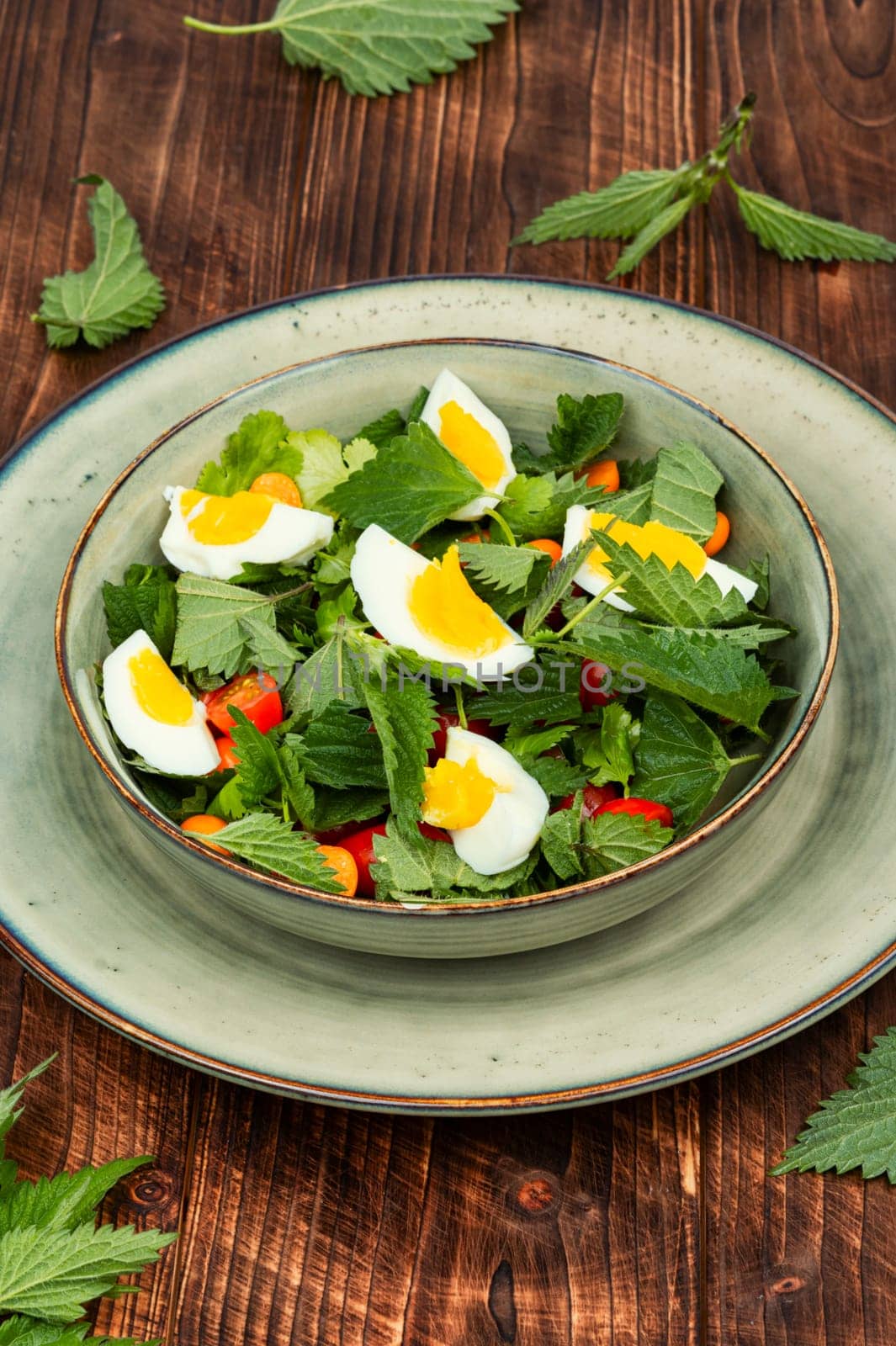 Bowl with healthy salad of nettle leaves, eggs and tomatoes on rustic wooden table.
