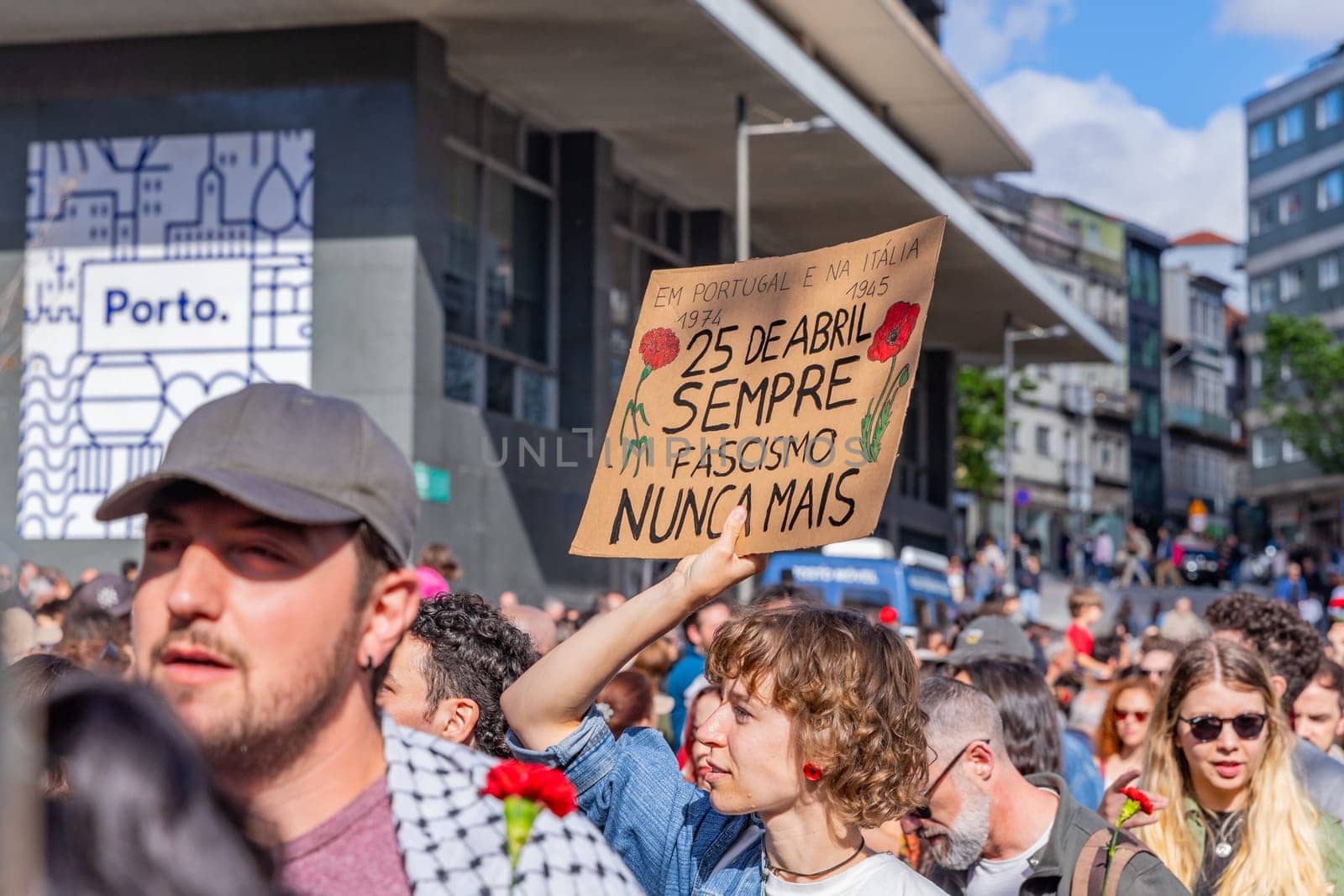 Porto, Portugal: April 25, 2024: Celebration and Protest of the April 25 in Portugal, Liberty Portuguese day, in Porto, Portugal