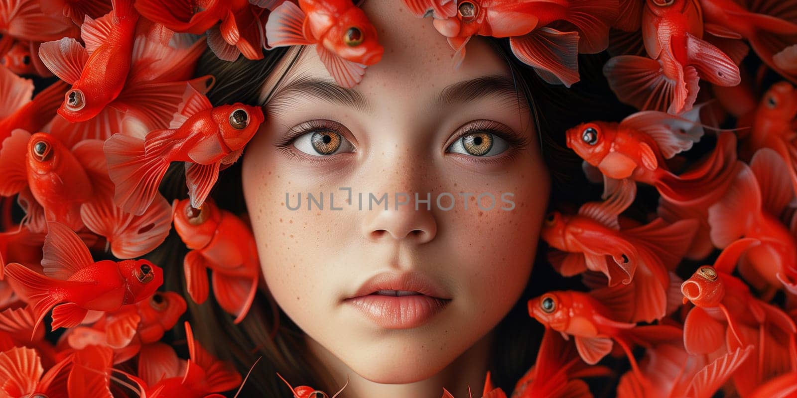 Girl portrait with red fish, mermaid in the ocean, fantasy world in the sea, fairy tale and imagination, positive mind and attitude