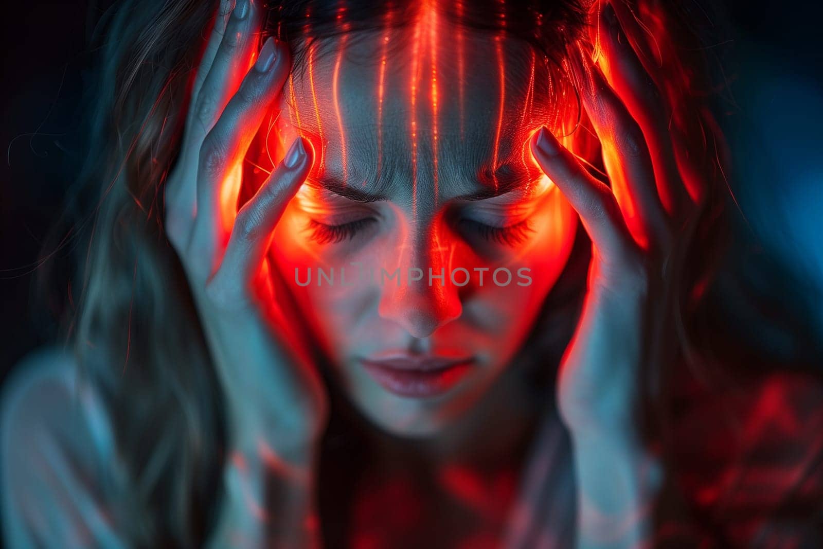 Woman with migraine headache attack, psychological pressure and stress, mind with burnout or trauma, epilepsy, brain tumor