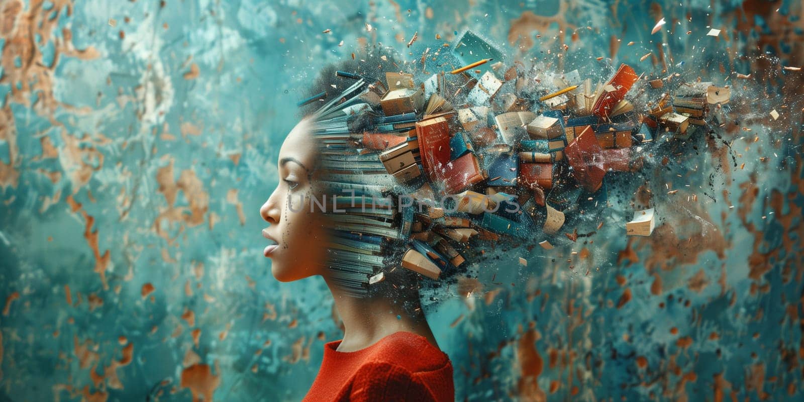 Mind overwhelmed with information data, social media addiction, brain with books, creative mind, exploding ideas and imagination, education and personal development