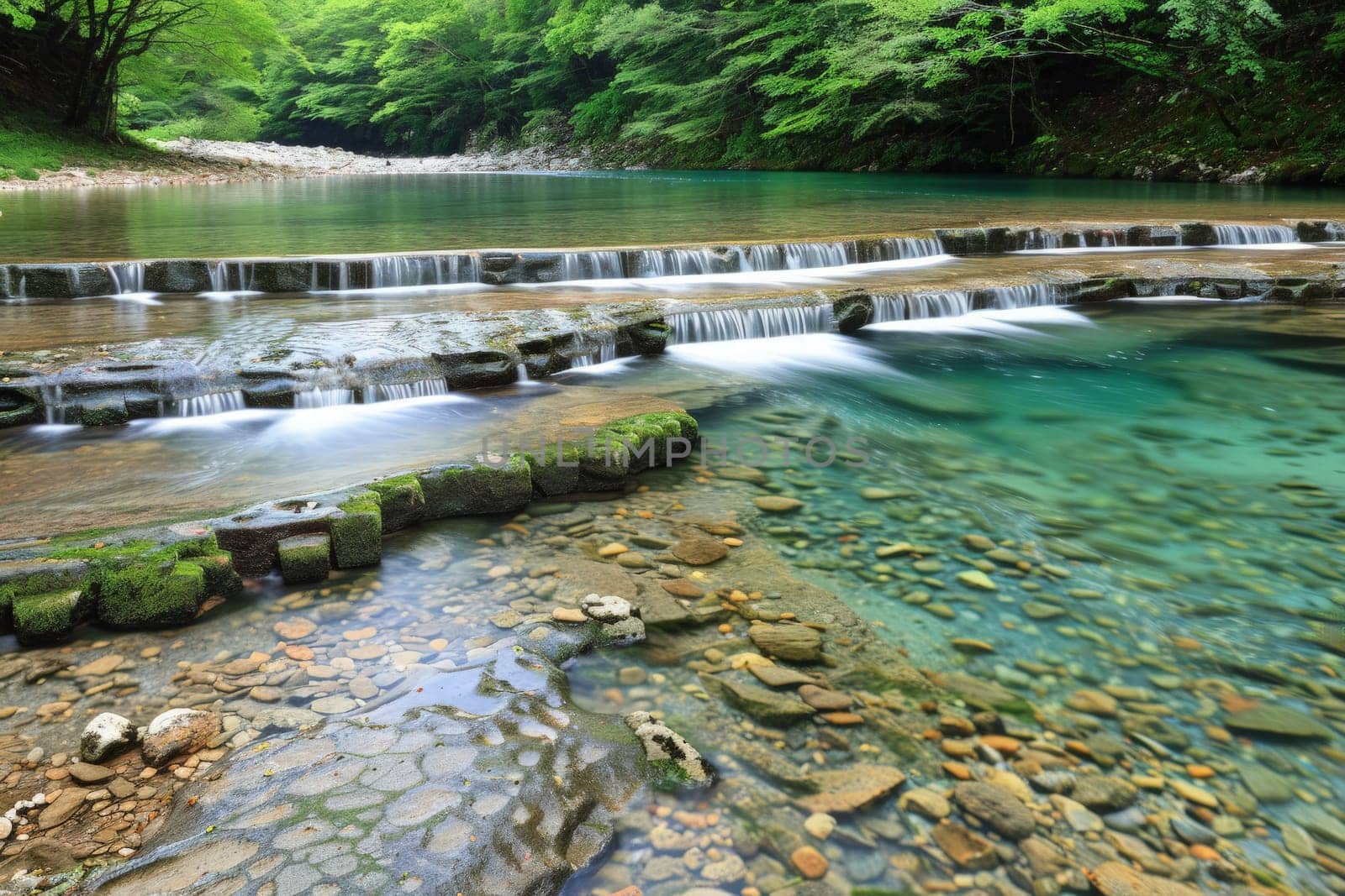 A peaceful stream winds its way through a rich, green forest, surrounded by lush vegetation and trees.