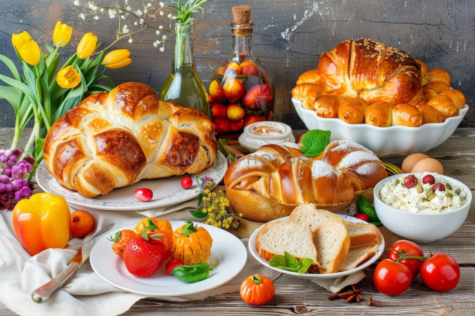 An abundant spread with Easter breads, dyed eggs, and fresh spring flowers celebrates the holiday.