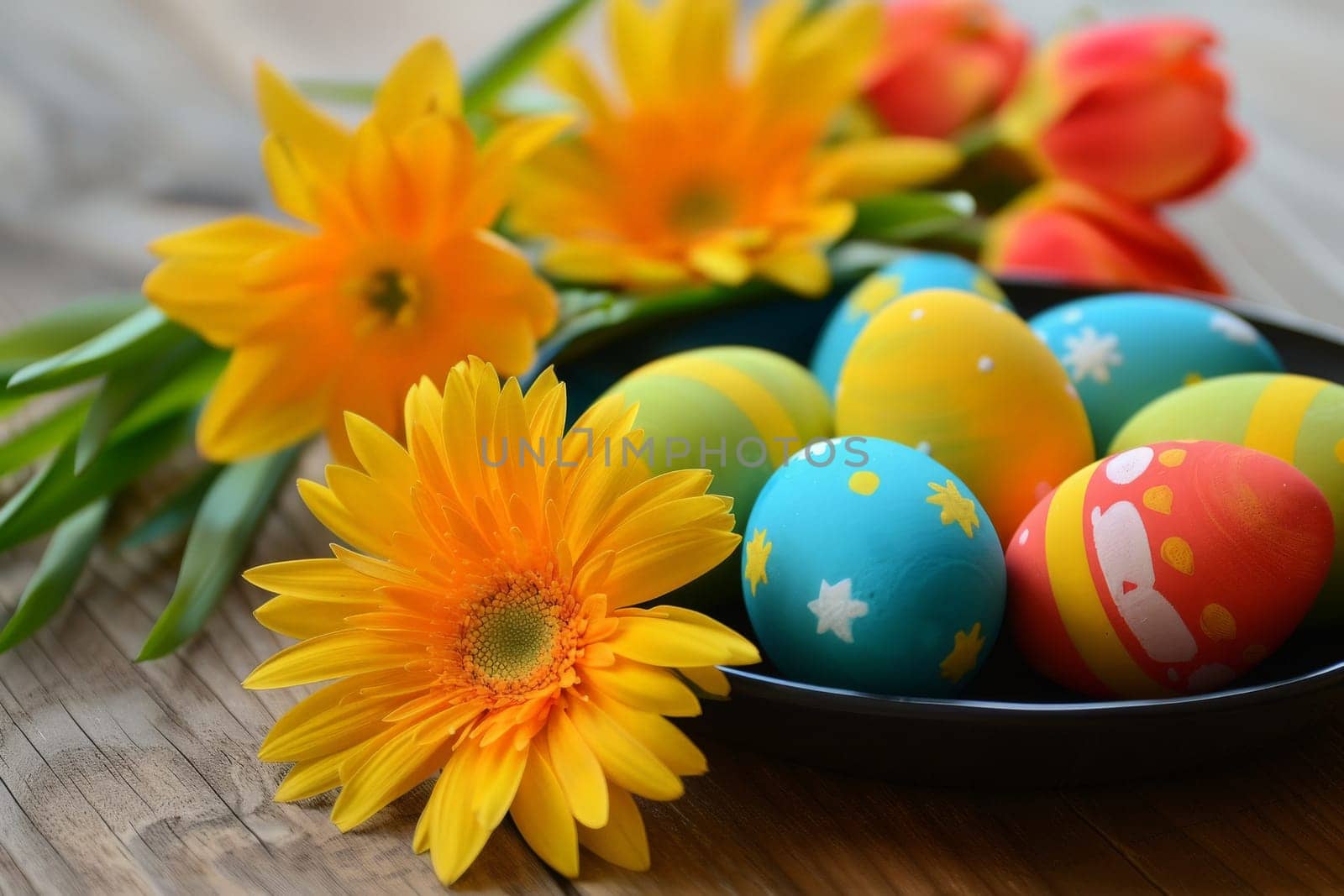 Colorful Easter eggs and fresh daffodils symbolize rebirth and joy during the Orthodox Easter season.