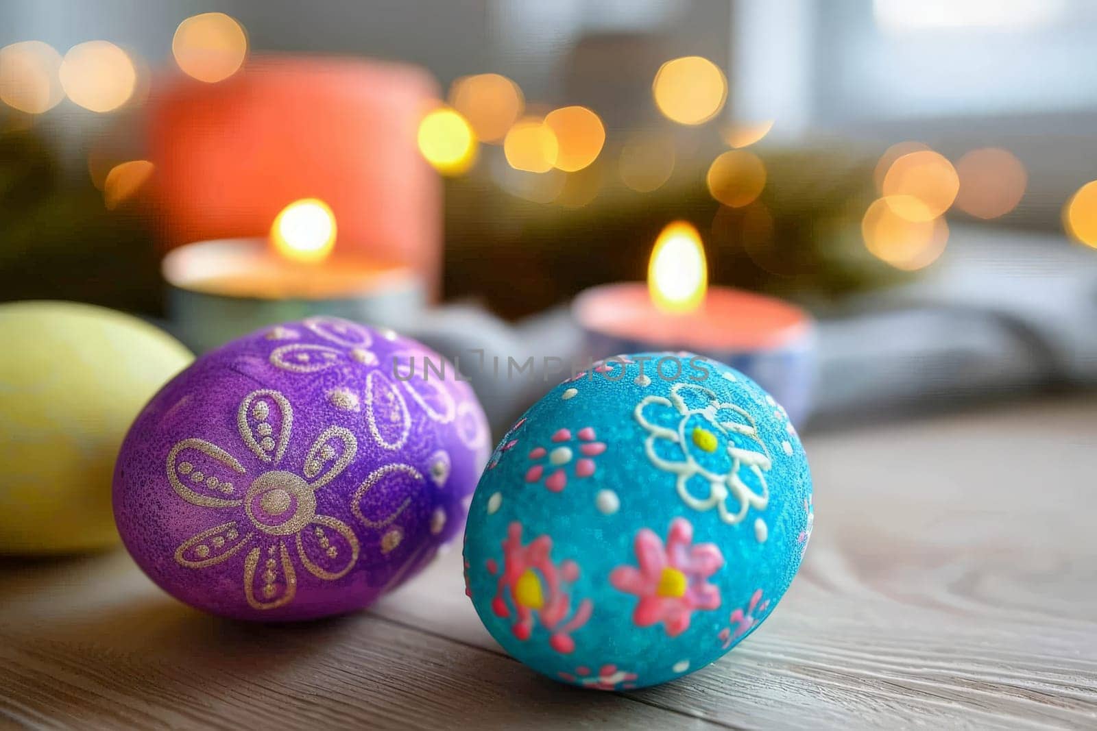 Colorfully patterned Easter eggs with soft candle glow in the backdrop, celebrating Orthodox Easter.