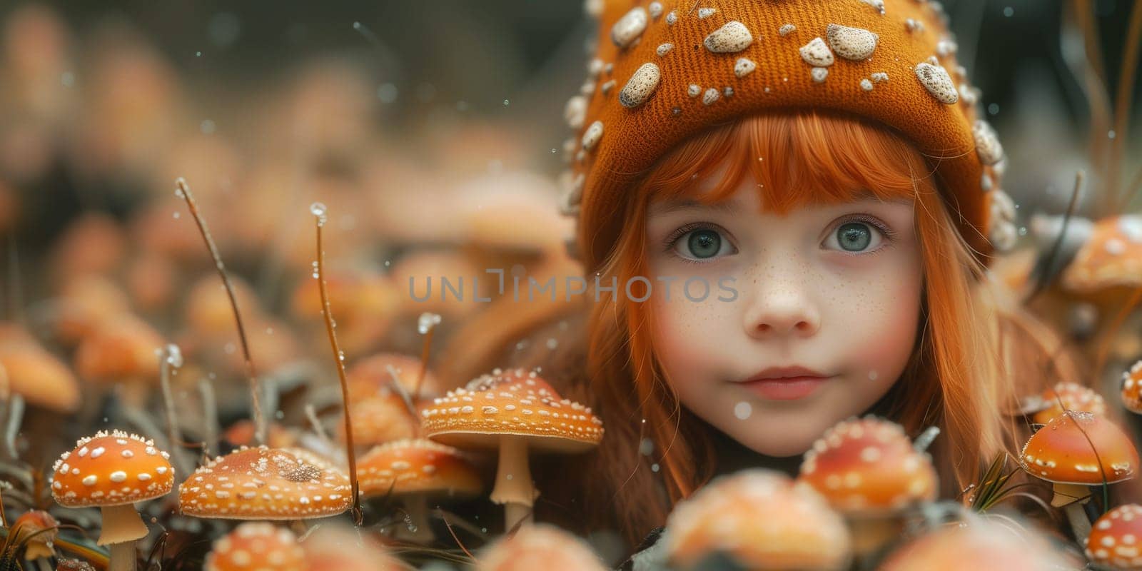 Little girl with red hair and fly agaric mushroom, autumn fantasy world in the forest, fairy tale