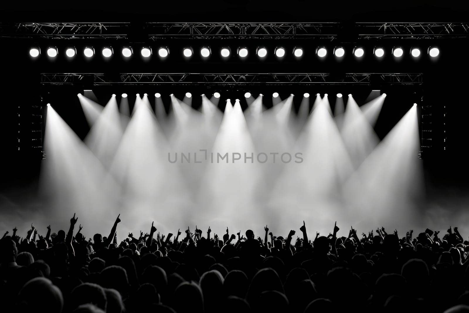 A black and white scene capturing a silhouetted concert stage with a lively crowd dancing beneath the atmospheric lights.