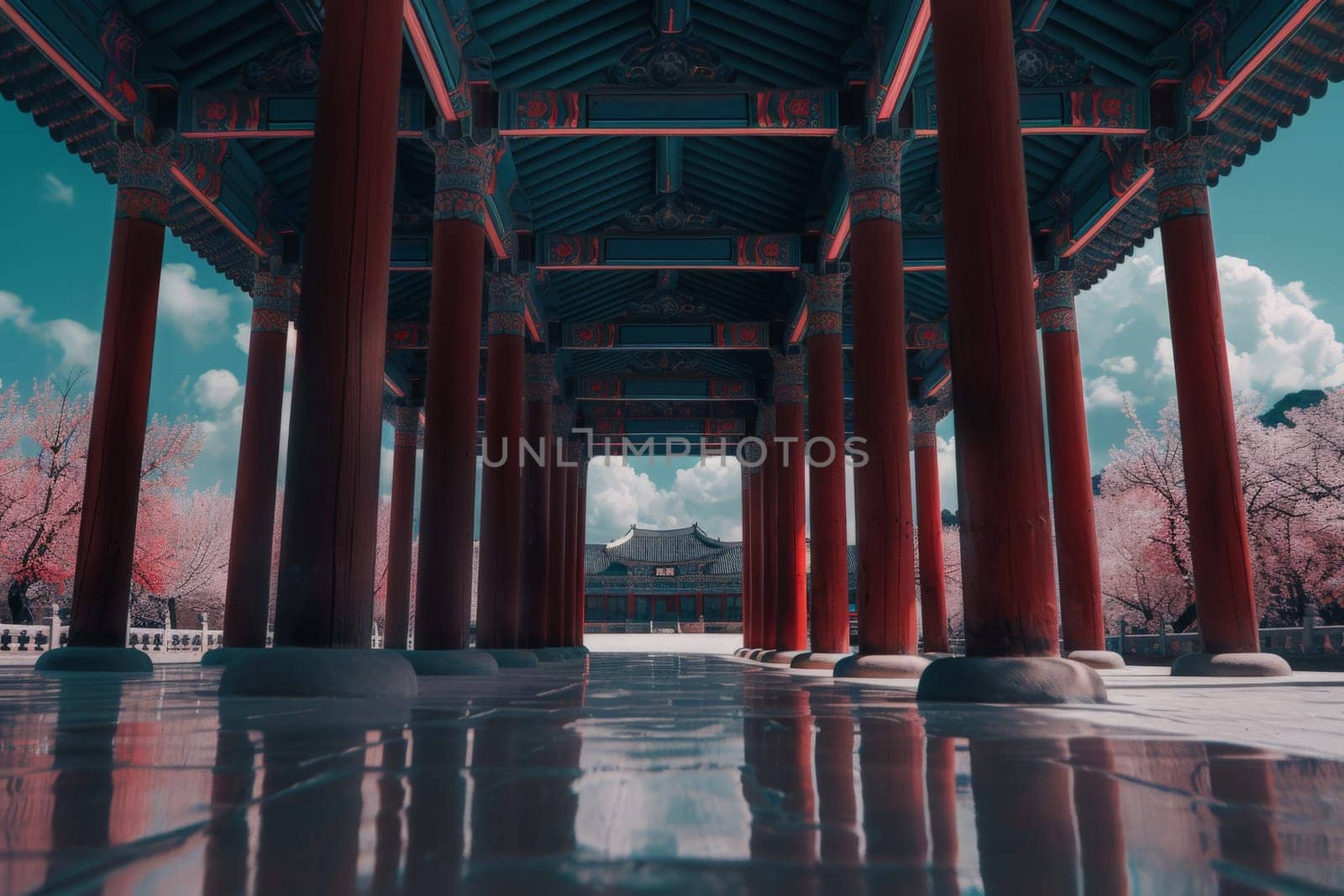 A tranquil pavilion passage leads to a palace under a vivid sky, flanked by cherry blossoms.