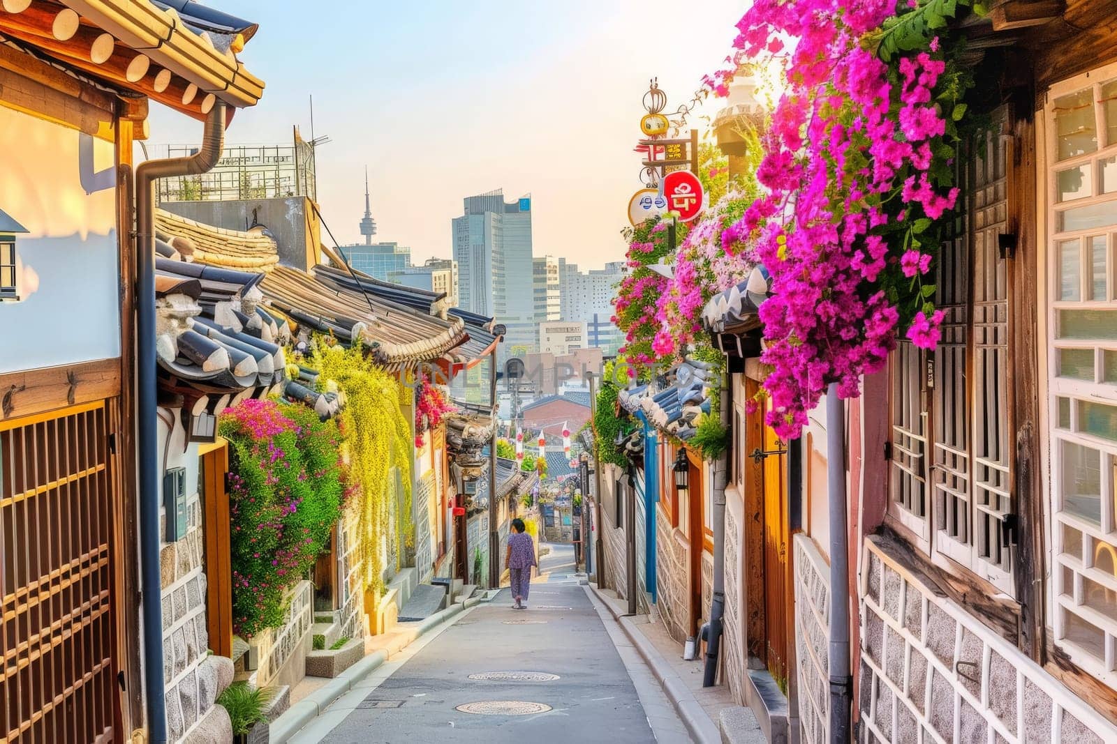 A tranquil walkway lined with vibrant flowers and historic architecture at sunset in South Korea.